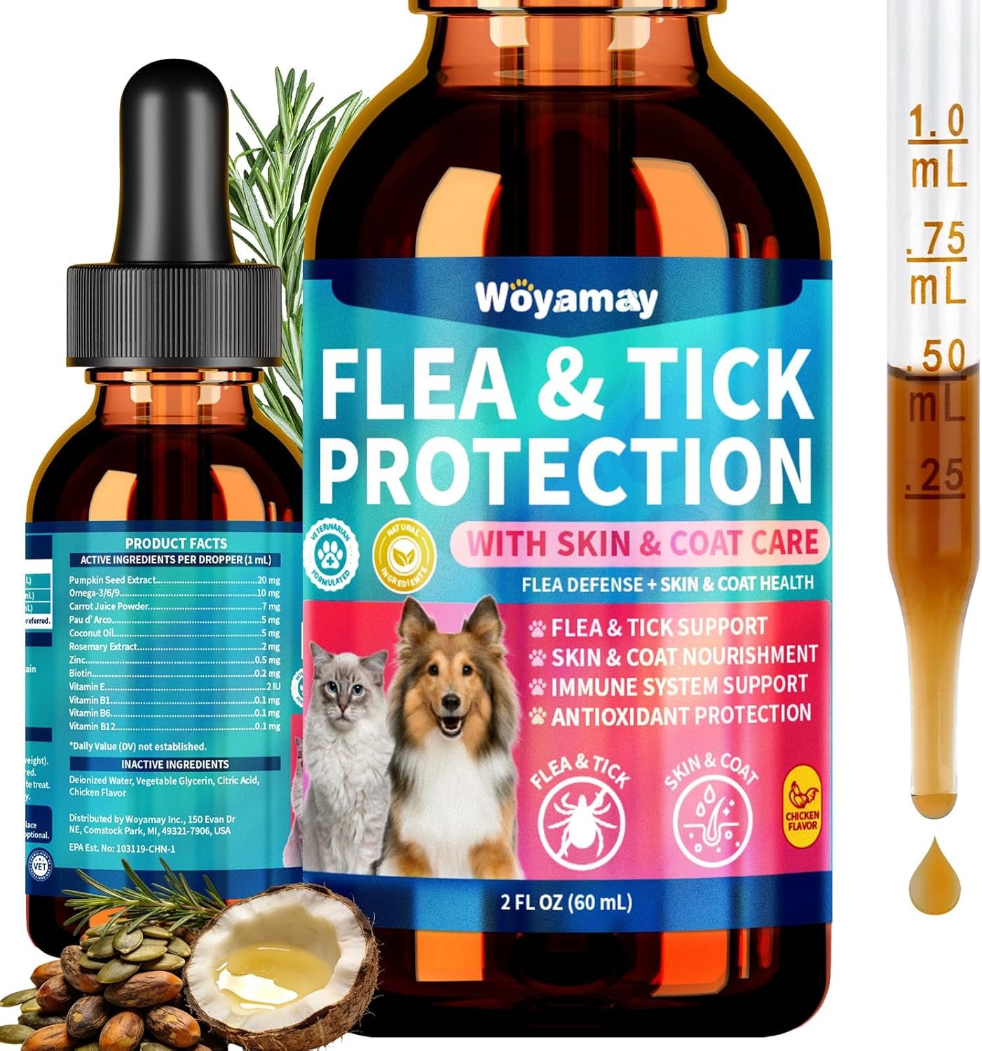 Woyamay Flea Defense + Skin & Coat Support, Natural Flea and Tick Prevention for Dogs & Cats, Dog & Cat Flea Treatment with Pumpkin Seed & Omega-3/6/9, Flea Drops for All Breeds & Ages, Chicken Flavor