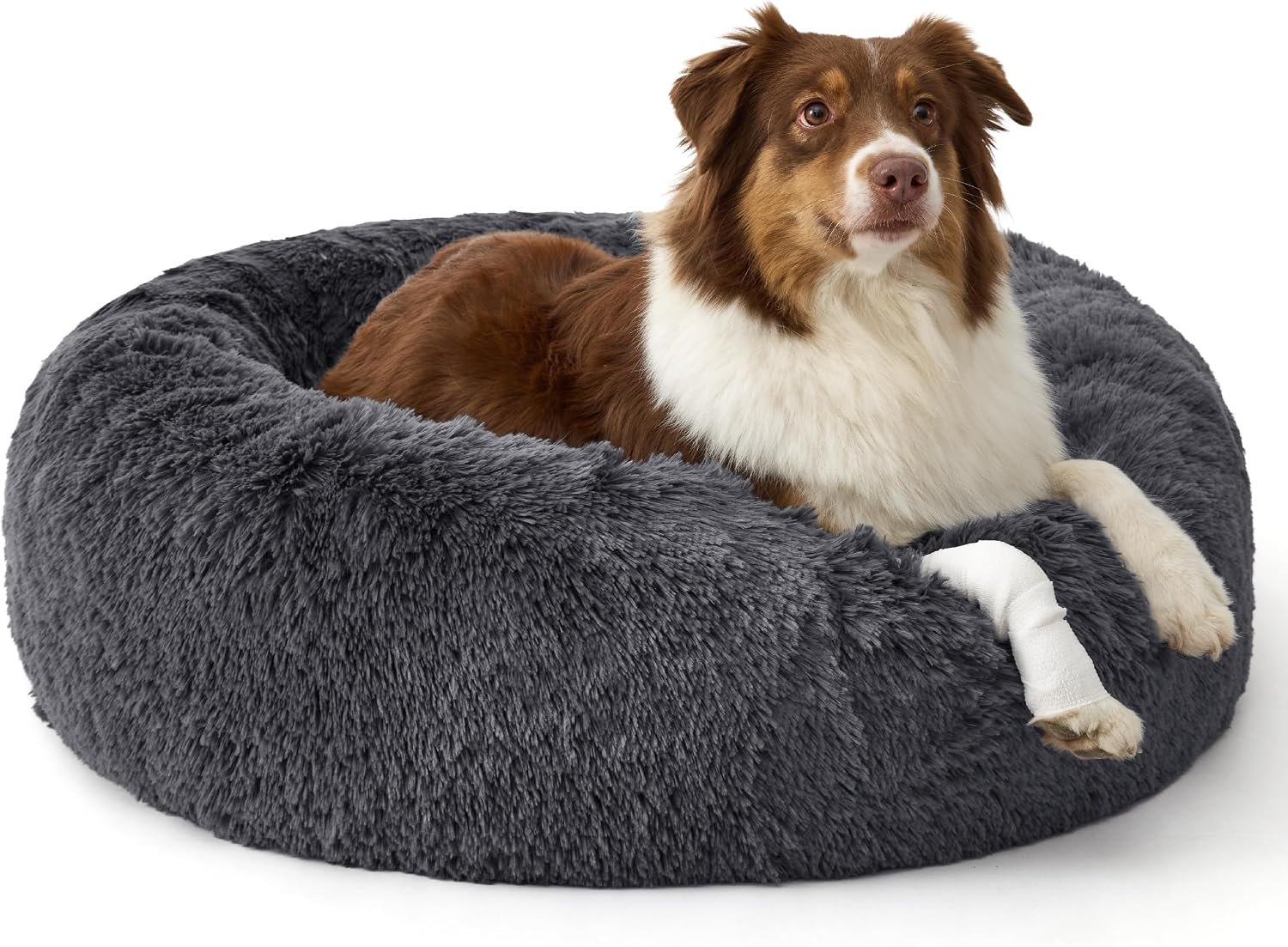 Bedsure SupportMax™ Calming Dog Beds Large Sized Dog – 36in Donut Washable Large Pet Bed,Anti-Slip ＆Removable Cover,420GSM Round Anti-Anxiety Fluffy Plush Faux Fur Bed, Fits up to 80 lbs Pets