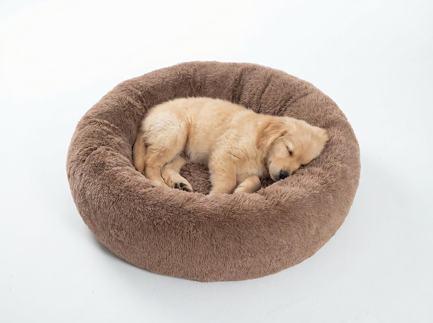 SAVFOX 23 inches Calming Donut Dog Bed – 3X Durable Plush Faux Fur, Machine Washable & Non-Slip, Fits up to 25 lbs, Brown