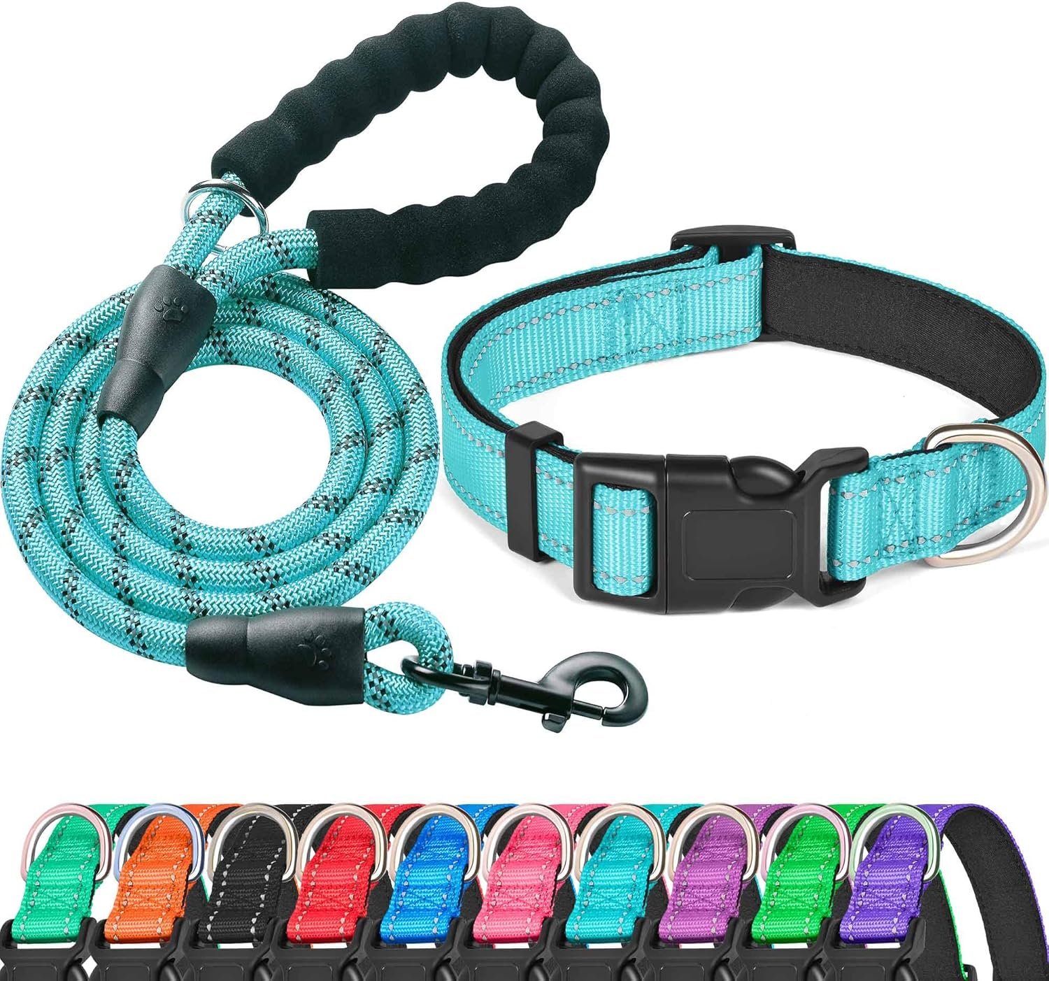 Reflective Dog Collar Padded with Soft Neoprene Breathable Adjustable Nylon Dog Collars for Small Medium Large Dogs (Collar+Leash L Neck 19″-23.5″, Blue)