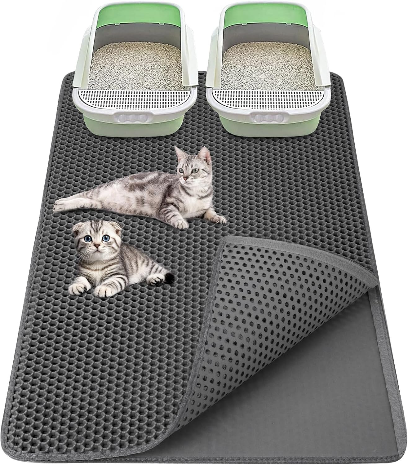 Cat Litter Mat 36″x 24″ Double Layer Waterproof Kitty Cat Litter Trapping Mat, Easy to Clean Litter Box Mat Scatter Control Pad, Gray
