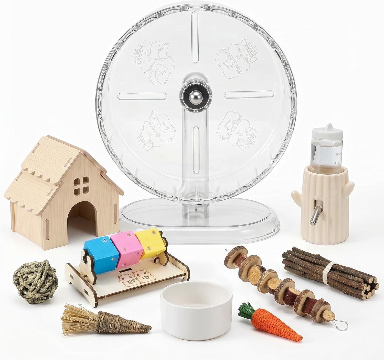 12-in-1 Hamster Cage Accessories Kit for Dwarf & Syrian Hamsters, Silent Exercise Wheel 9.5″, Wooden Hideout, Water Bottle, Ceramic Food Bowl, Chew Toys & Small Animal Habitat Starter Set