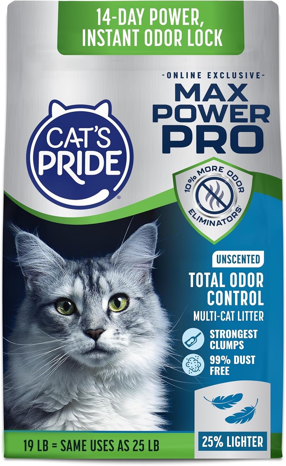 Cat’s Pride Max Power Pro Lightweight Cat Litter, Unscented with Total Odor Control, 99% Dust-Free Clumping Formula, Bag