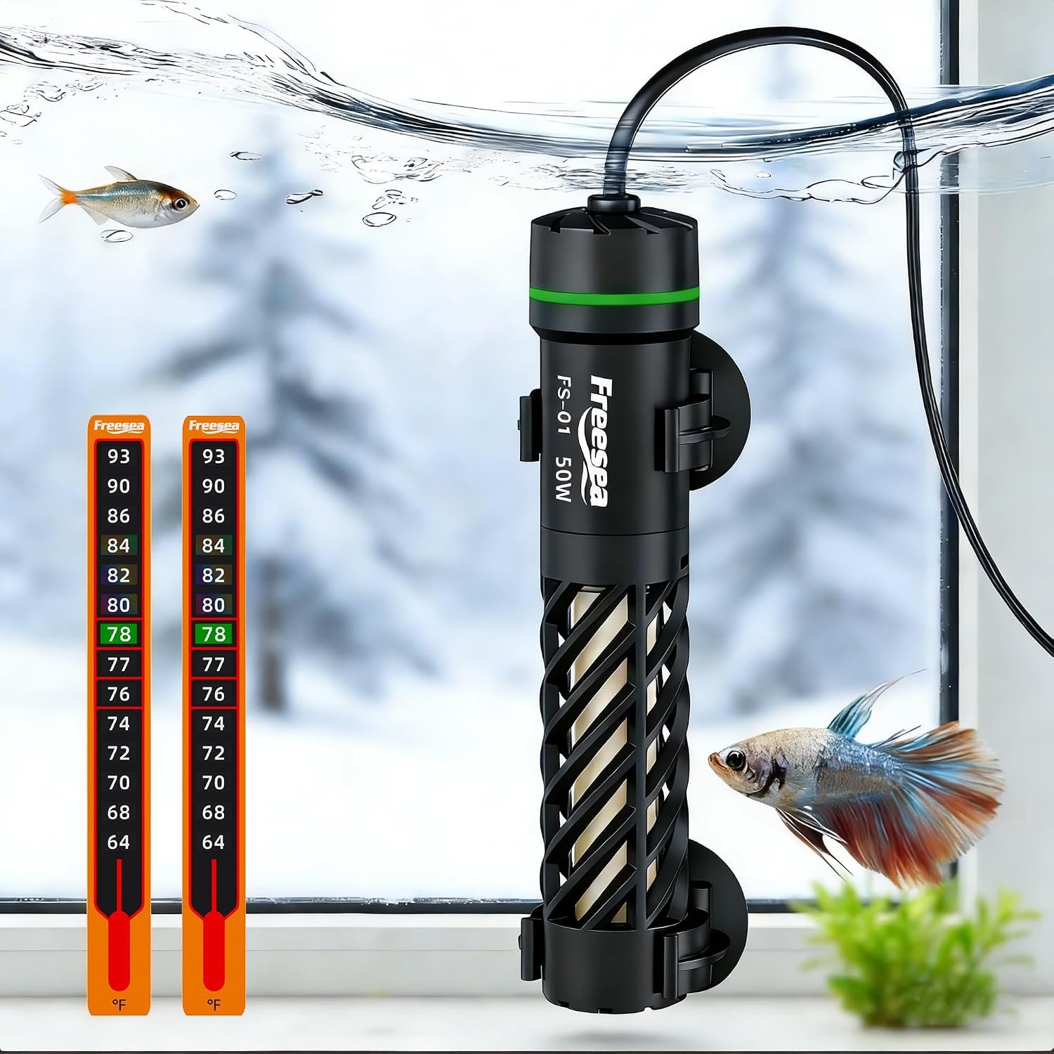 FREESEA Aquarium Heater for Fish Tank: 50W Small Submersible Thermostat with Off-Water Protection & UL Certified Cord for 3-10 Gallon Fish Turtle Tanks Enthusiasts