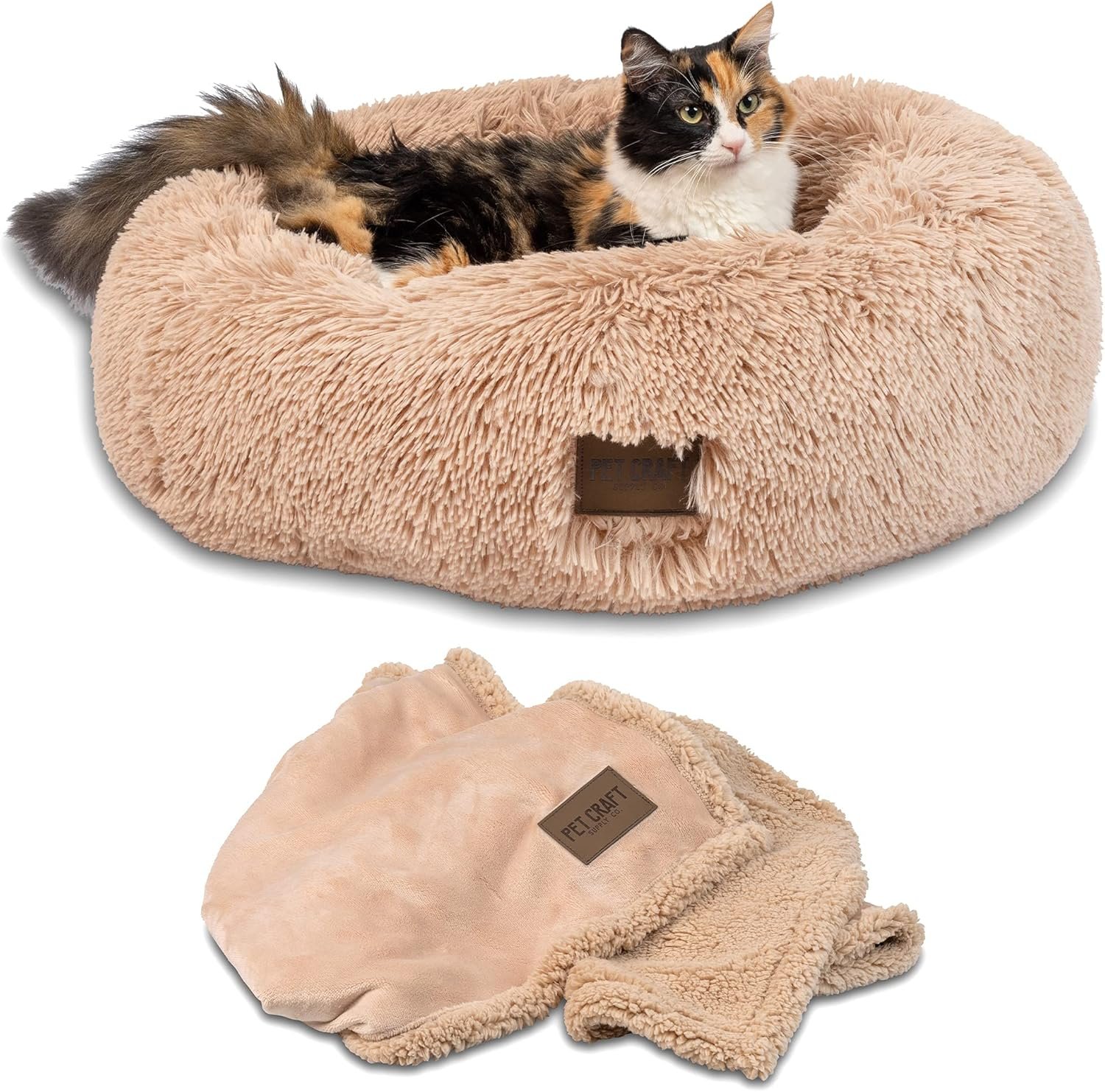 Pet Craft Supply Ultra Plush Calming Anti-Anxiety Pet Bed – Includes Super Soft Comfort Blanket – Great Medium Dog Bed Small Dog and Cat Bed;Cream
