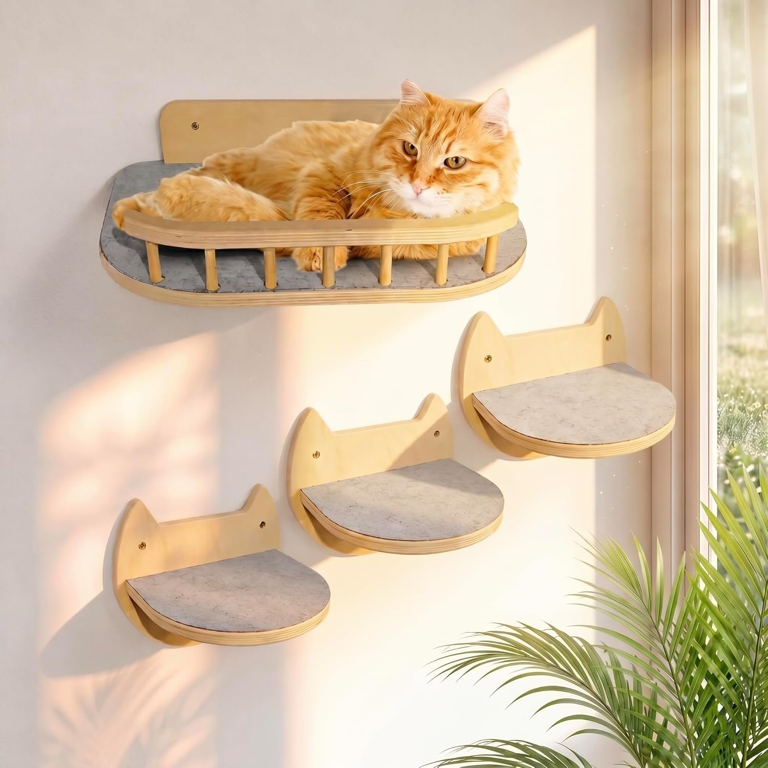 Cat Wall Shelves – 3 Steps Climbing Furniture & Perch for Indoor Cats up to 30lbs, Wooden Floating Shelf with Non-Slip Pad Bed, Modern Corner & Wall Mounted for Playing and Lounging – Natural