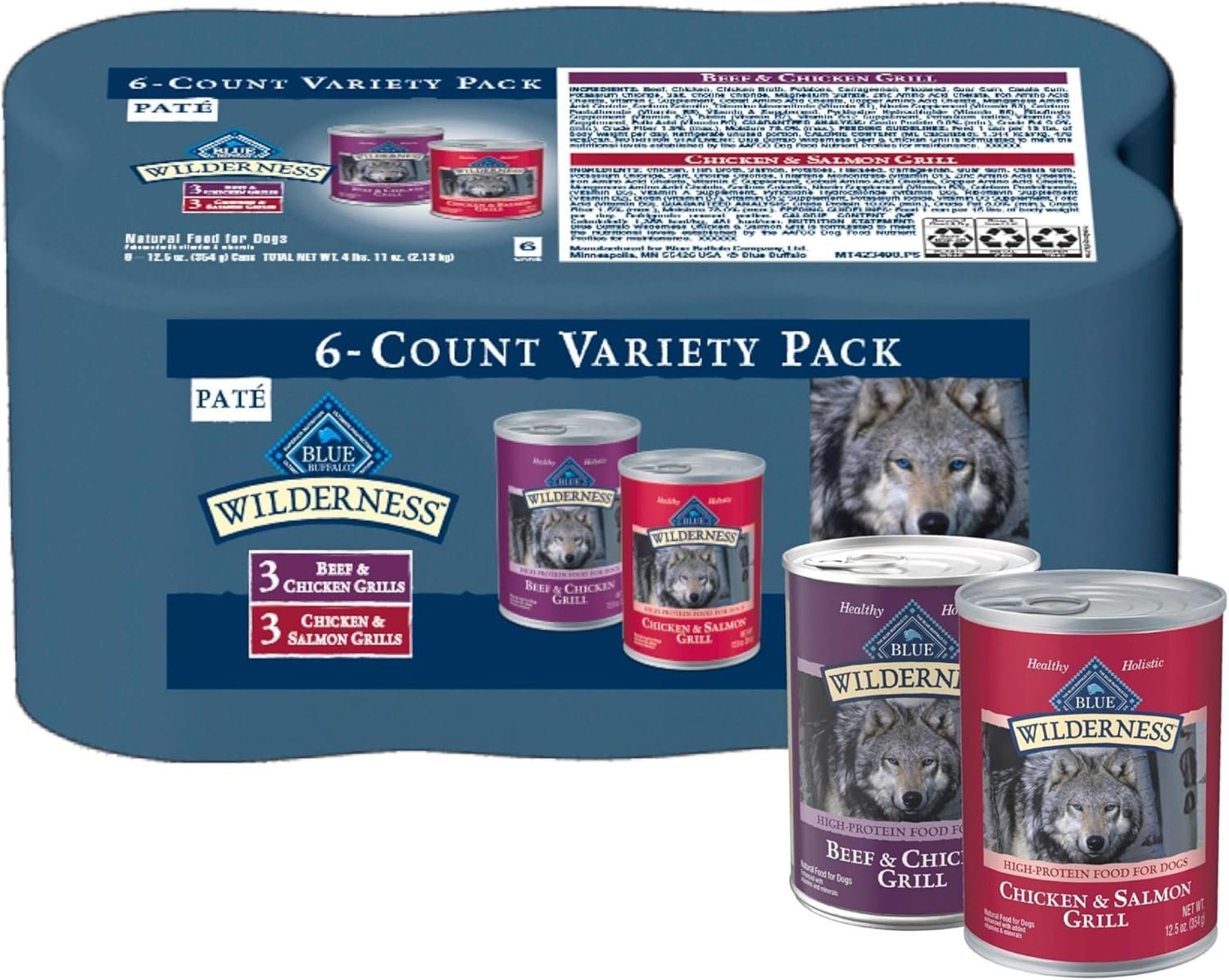 Blue Buffalo Wilderness Adult Wet Dog Food Variety Pack, Beef & Chicken Grill, 32g Protein, and Chicken & Salmon Grill, 35g Protein, Grain-Free & High-Protein, Natural, 12.5-oz. Each (6 Cans)