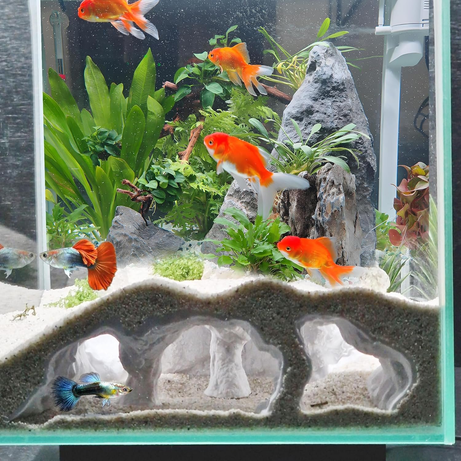 LIYAOLI 3D Printed Aquarium Cave Tunnel Hideout – Natural Under Gravel Decor for Pleco, Shrimp, Corydoras – Substrate-Friendly Sinking Base with Viewing Ports
