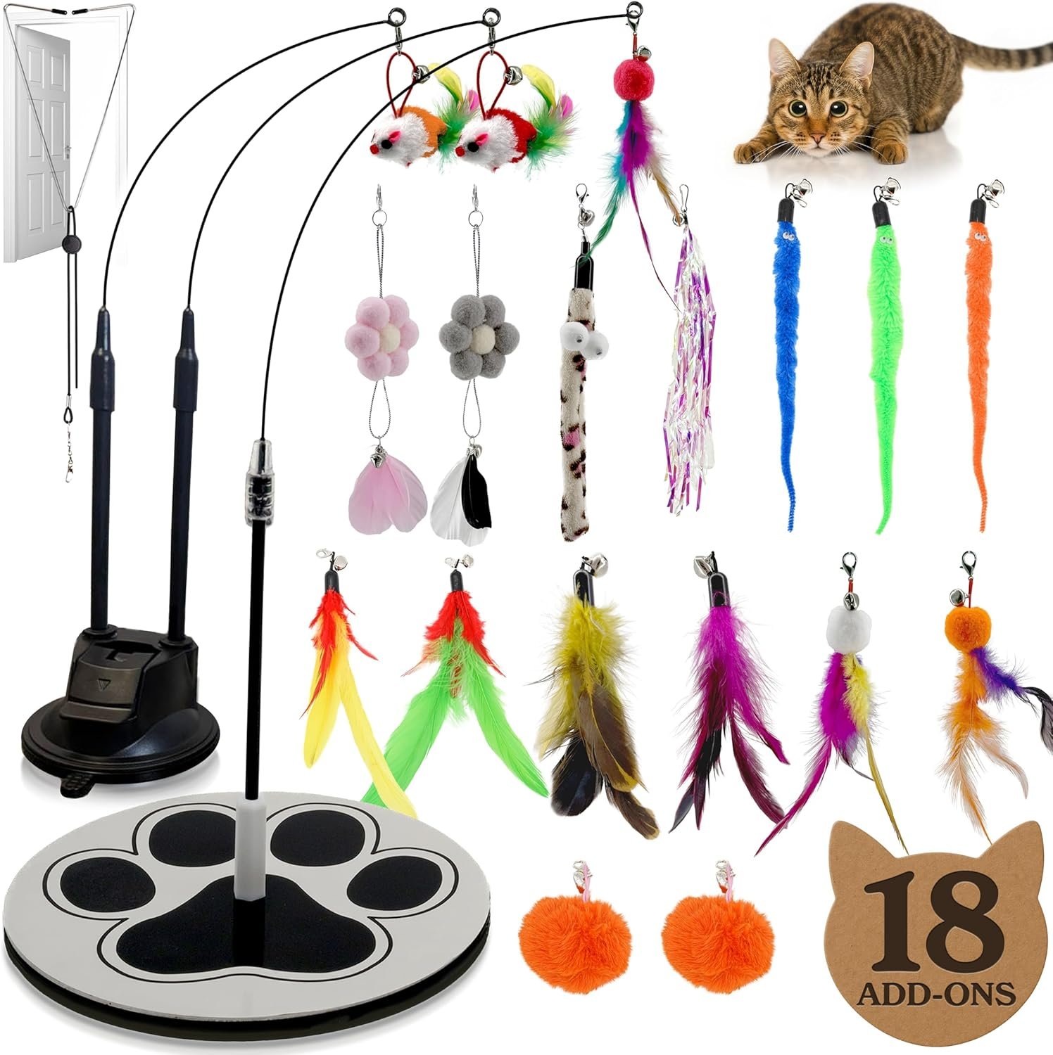 18-Piece Interactive Cat Toys for Indoor Cats, Cat Stuff Heavy Duty Self-Holding Floor Base & Suction Cup – Durable Feather Wand Bird Simulation Self Play Kitten Toys for Bored Adult Cats Juguete Gato