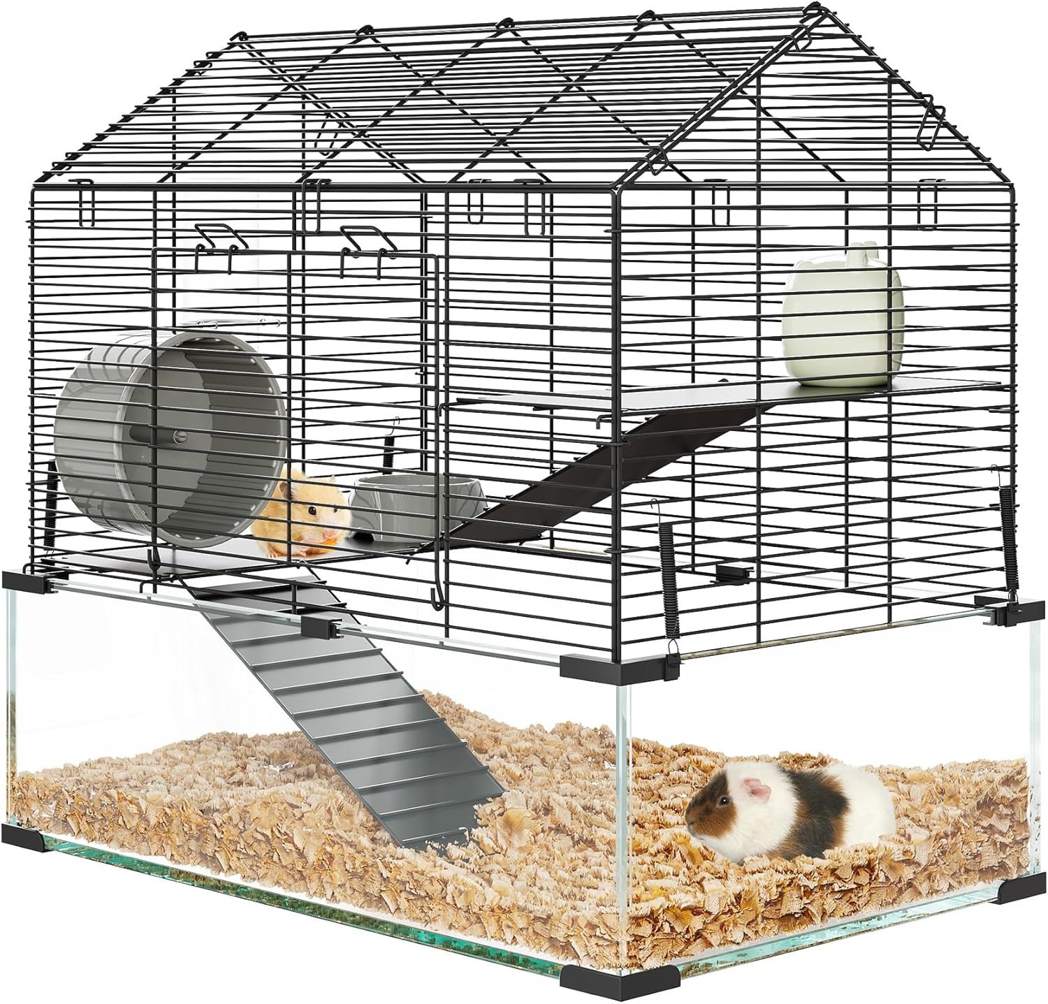 Hamster Cage Starter Kits, Guinea Pig Cage with 3-Layer Platform,Wheel,Water Bottle, Hideout,Bowl Accessories, Pet Rat Cage for Chinchillas, Hedgehog, Syrian, Gerbil-Chew Proof Metal