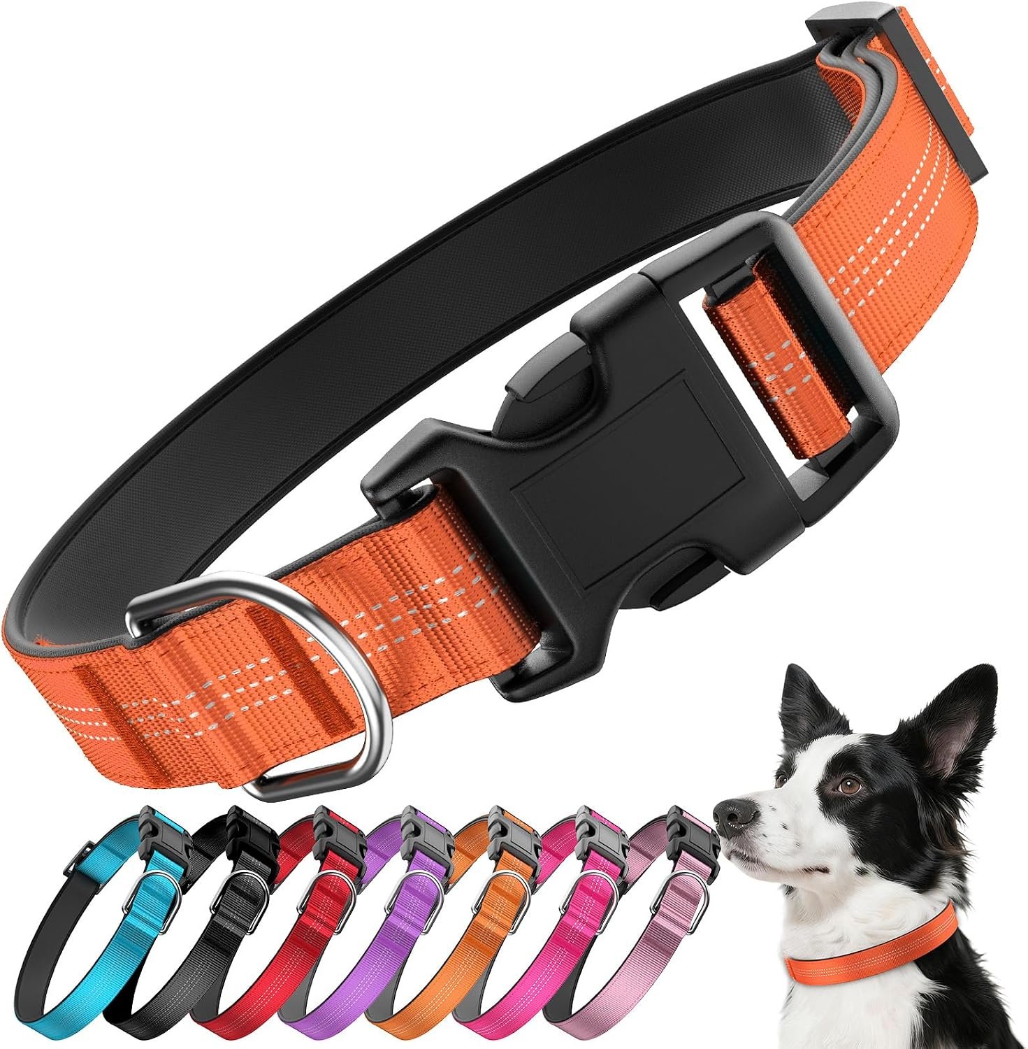 Reflective Dog Collar with Buckle, Heavy Duty Dog Collars with Soft Padded, Adjustable, Ultra-Durable, Pet Collar for Small Medium and Large Dogs (Orange, S)