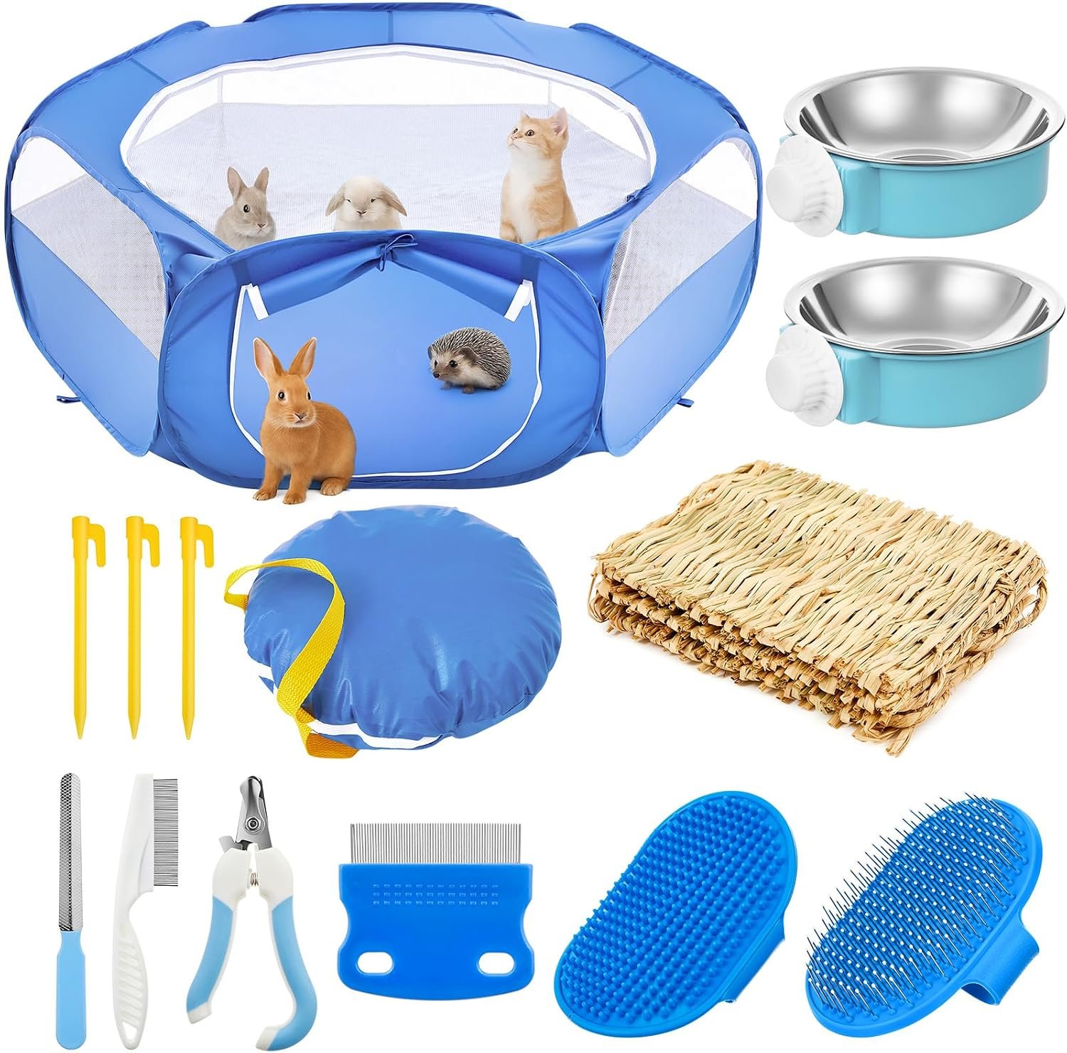 Small Animal Playpen & Grooming Kit, Portable Foldable Pet Playpen with Mesh Top for Rabbits, Guinea Pigs, Hamsters, Hedgehogs, Includes Feeding Bowls, Grooming Tools, and Bedding Mat, Blue