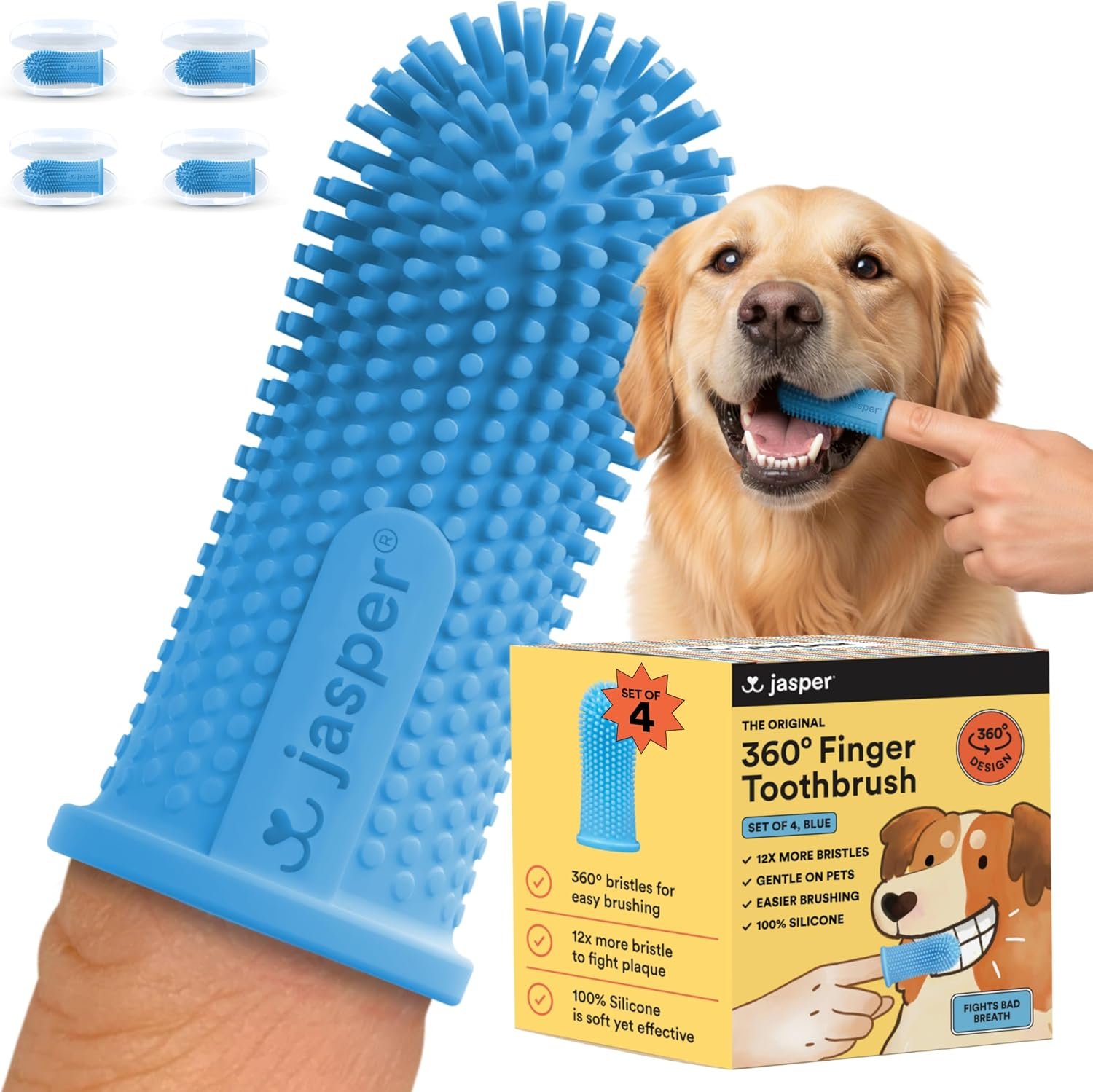 Jasper Dog Toothbrush, 360 Degree Dog Tooth Brushing Kit, Cat Toothbrush, Canine Dental Care & Teeth Cleaning Kit, Pet Finger Tooth Brush, Use with Pet Toothpaste, 4-Pack Blue
