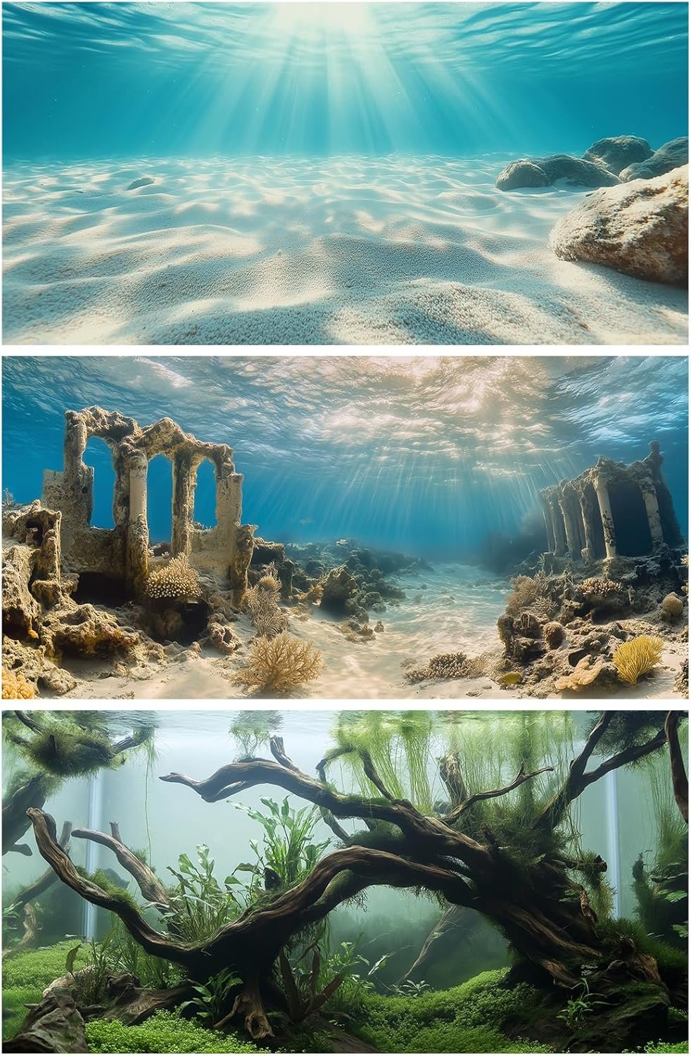 COMSUN 3 Pack Aquarium Background, 30×18 inches Polyester Aquarium Background, Cloth Fish Tank Background, Undersea Ruins Floor Sunshines & Tree Wood Branches Aquatic Plants