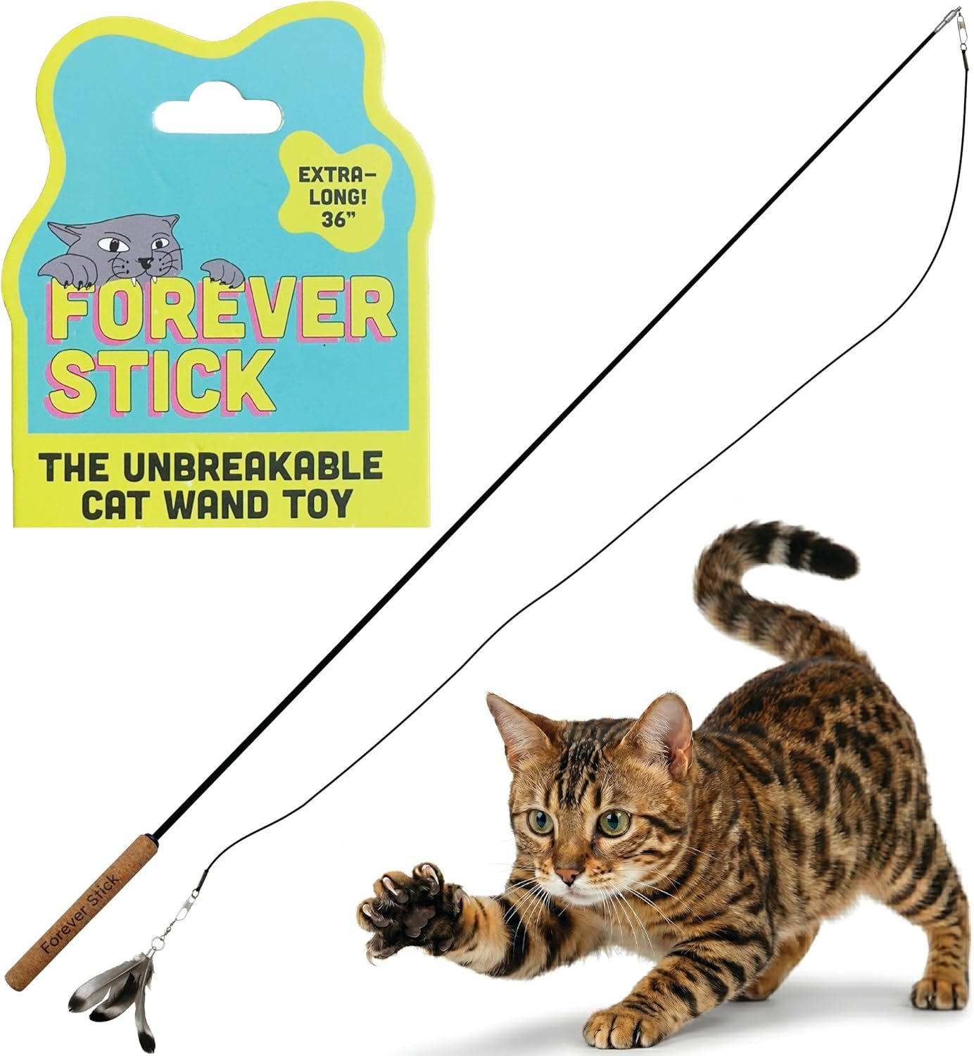 Forever Stick – The Unbreakable Cat Wand Toy, Durable Cat Toy Wand, Extra Long Cat String Toy, Cat Fishing Pole Toy for Bored Indoor Adult Cats, Cat Stick Toy, Cat Feather Wand, Cat Teaser Wand