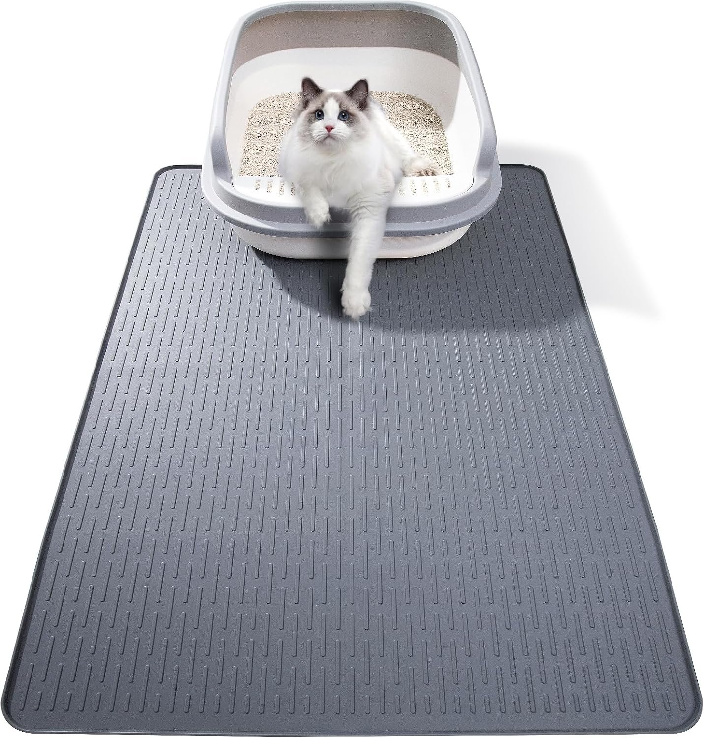 Silicone Cat Litter Mat, 28×20 in Waterproof Litter Box Mat Cats Feeding Mats with Raised Edges, Quick Clean Desig (Grey)
