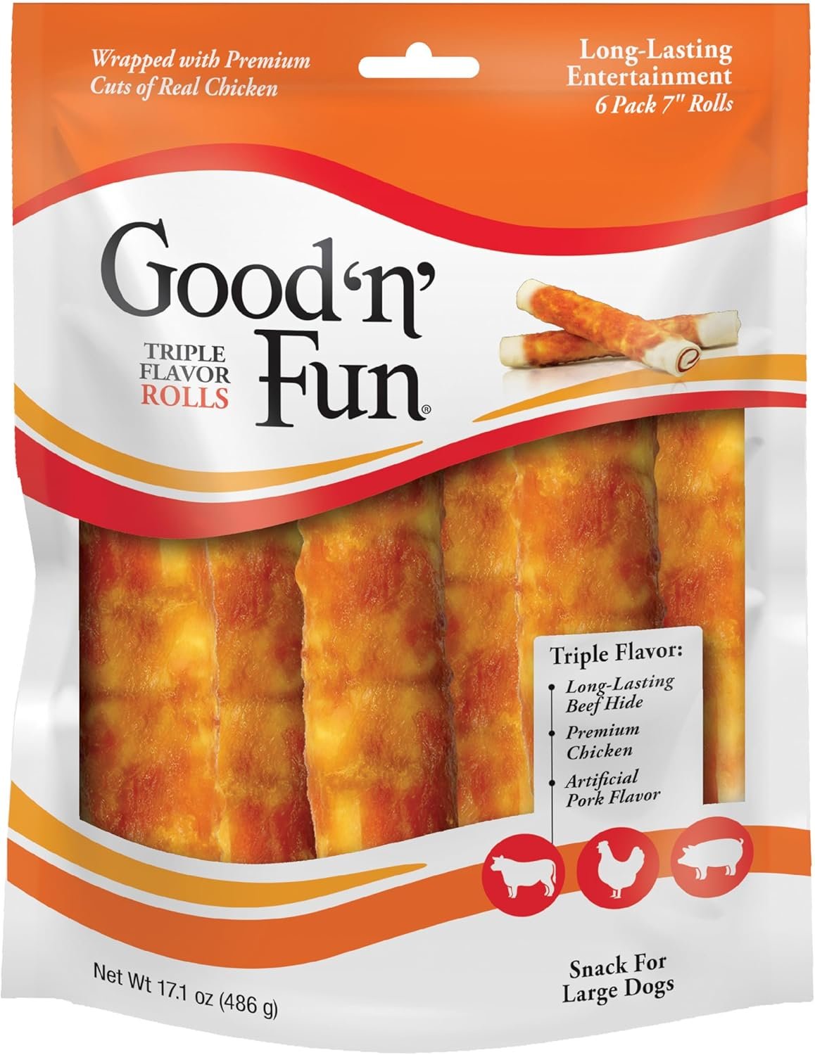 Good ‘n’ Fun Rolls Long-Lasting Dog Treat, For Large Dogs, With Real Proteins, Beef Hide and Premium Chicken, Supports Dental Health, Mental Stimulation, 6 count