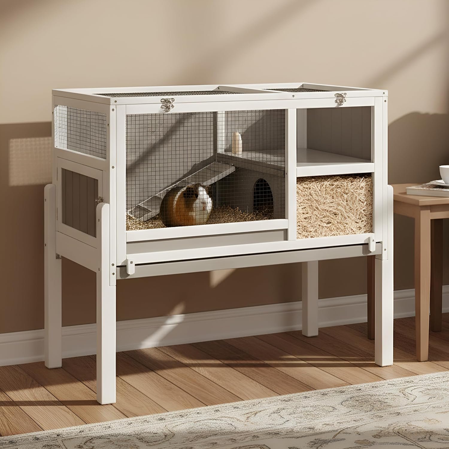 Guinea Pig Cages with Detachable Legs, 2-Storey Indoor Guinea Pig House Hamster Rabbit Cages for Small Animals with Pull Out Tray, Metal Strip Ramp, Ramp, Hideout