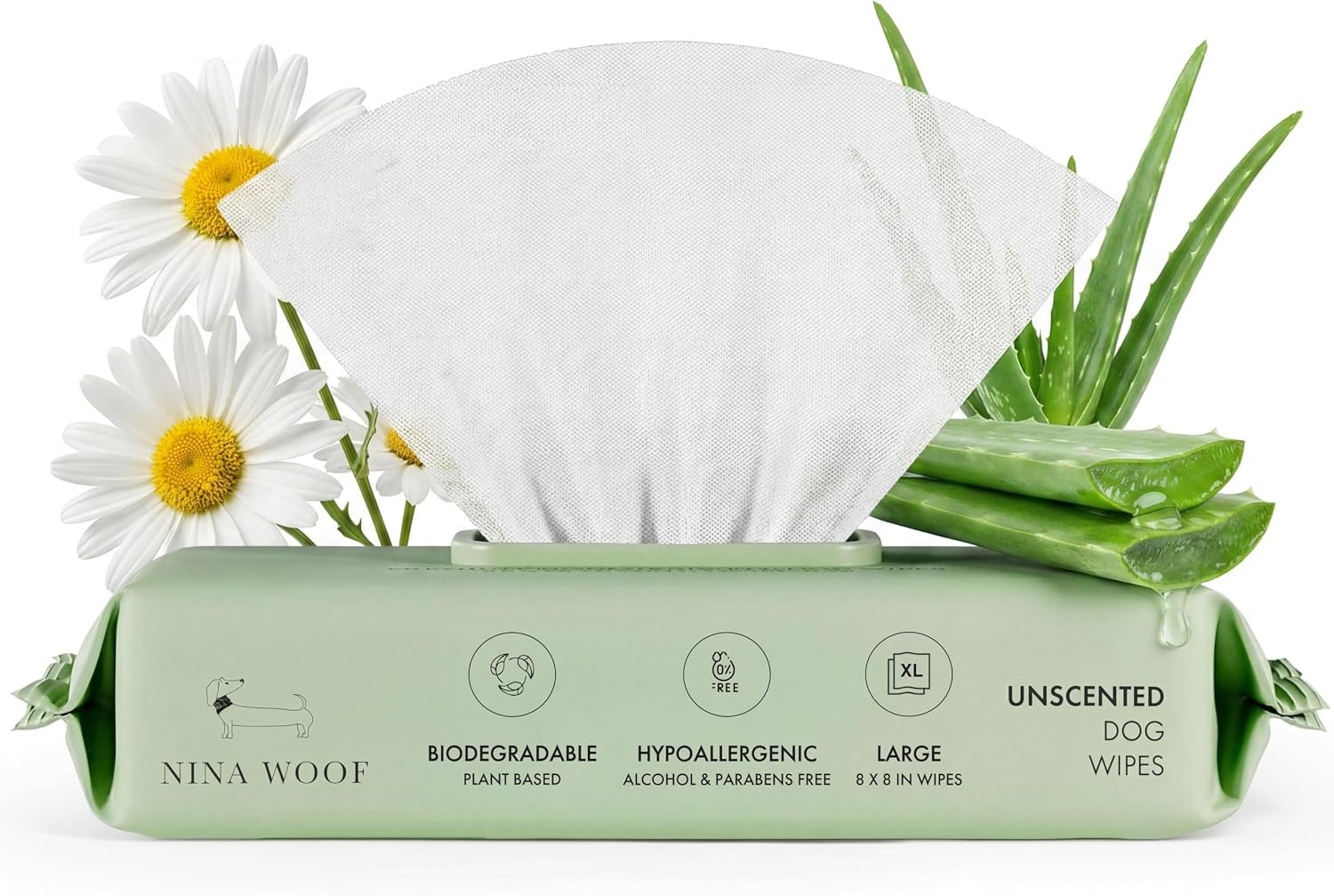 Nina Woof Dog Wipes – Fragrance-Free, Alcohol-Free, Hypoallergenic Pet Grooming Wipes with Aloe Vera, Biodegradable, for Dogs & Cats: Paws, Face, Ears & Butt – (70 Count)