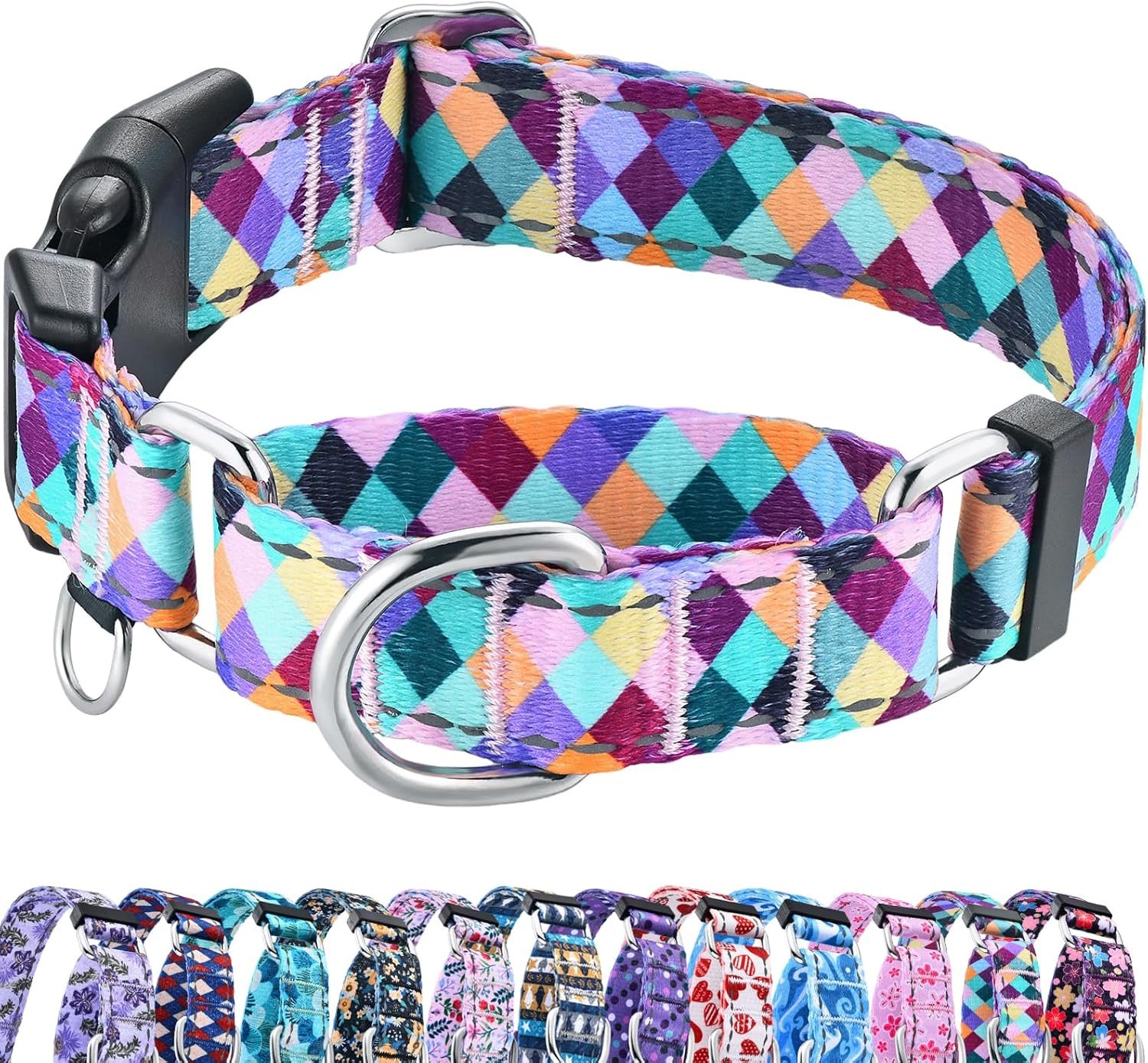 Reflective Martingale Collar for Dogs with Quick Release Buckle No Pull Training Dog Collars (Colorful Geometric, Large)