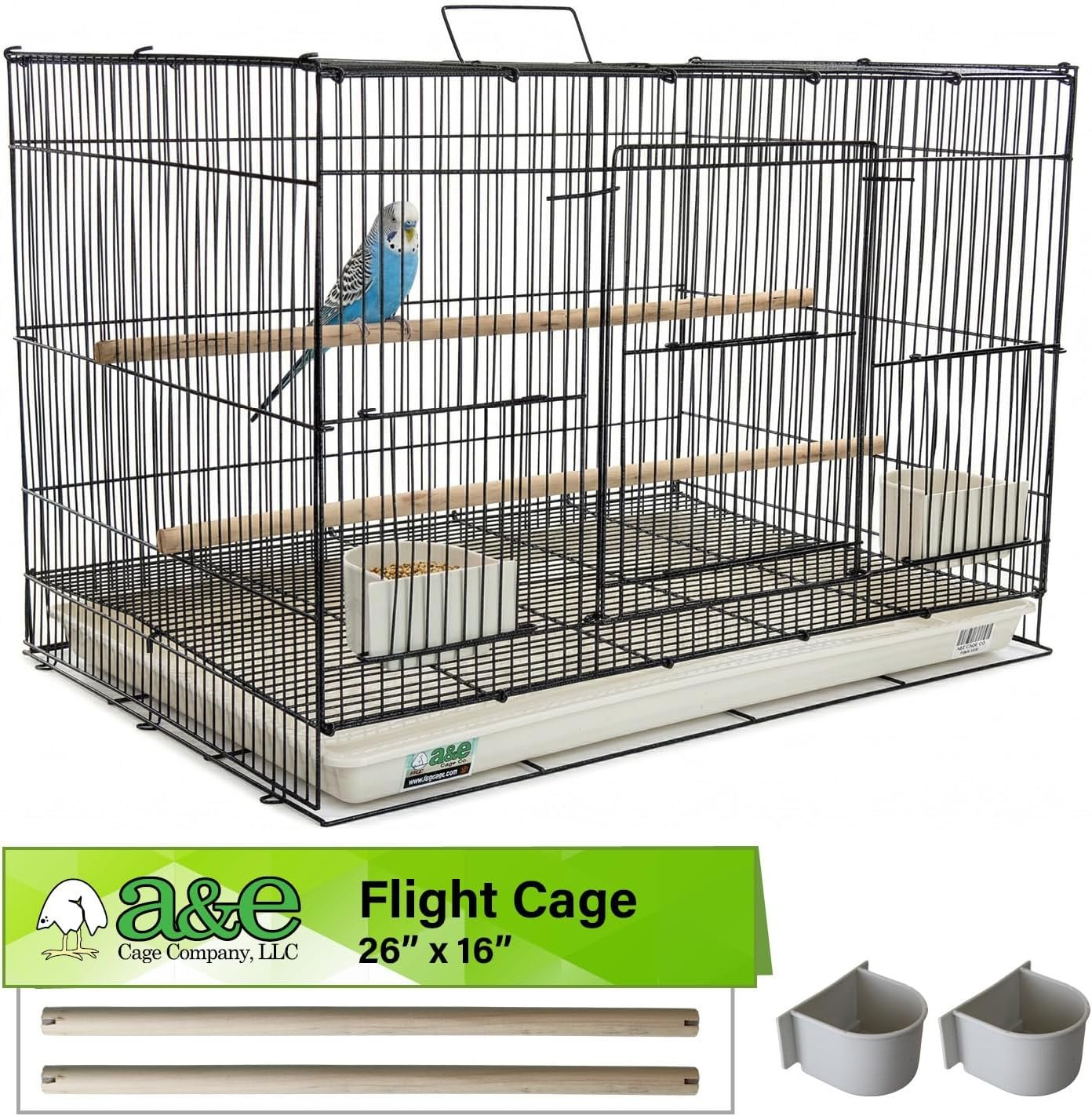 A&E Cage Co 503 Flight Cage – 24″x16″x16″ Small Bird Cage with Slide-Out Tray, Wood Perch, Dual Feeding Stations & Carry Handle – Black Powder Coated Cage for Finches, Canaries & Small Birds