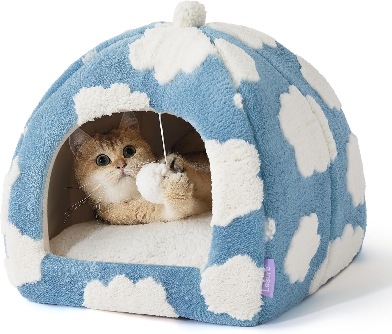 Lesure Cute Cat Beds for Indoor Cats – 2 in 1 Cat Cave Bed for Kittens and Small Pets with Removable Washable Cushioned Pillow, Cozy Kitten Tent with Non-Slip Bottom, Blue, 16 inches