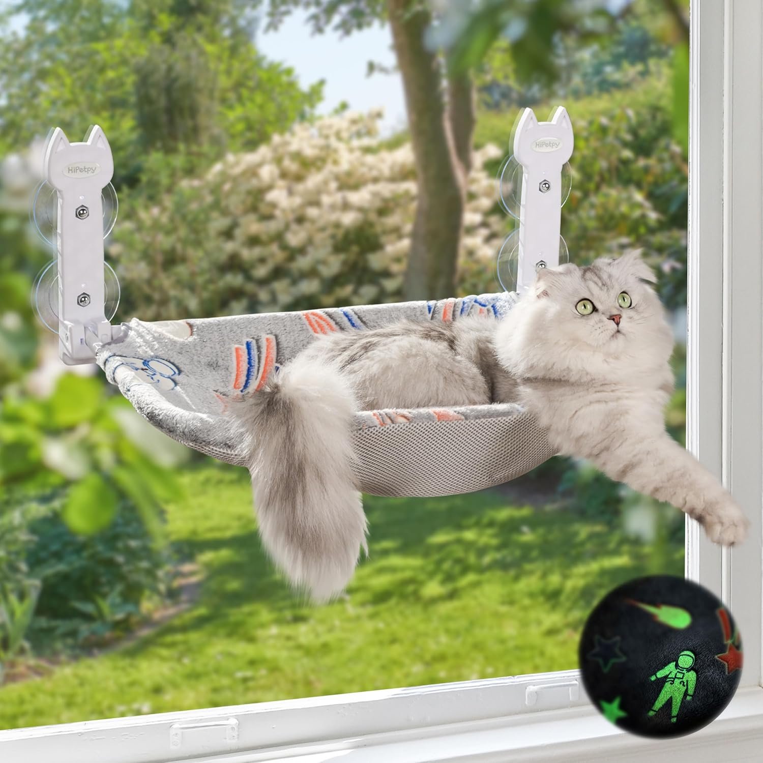 HiPetpy Cat Window Perch, Glow in The Dark Foldable Cat Hammock with Sunken Design & Removable Soft Cover, Breathable Cordless Window Bed for Resting Indoor Kitten (Shallow Perch, 1 Pack – M)