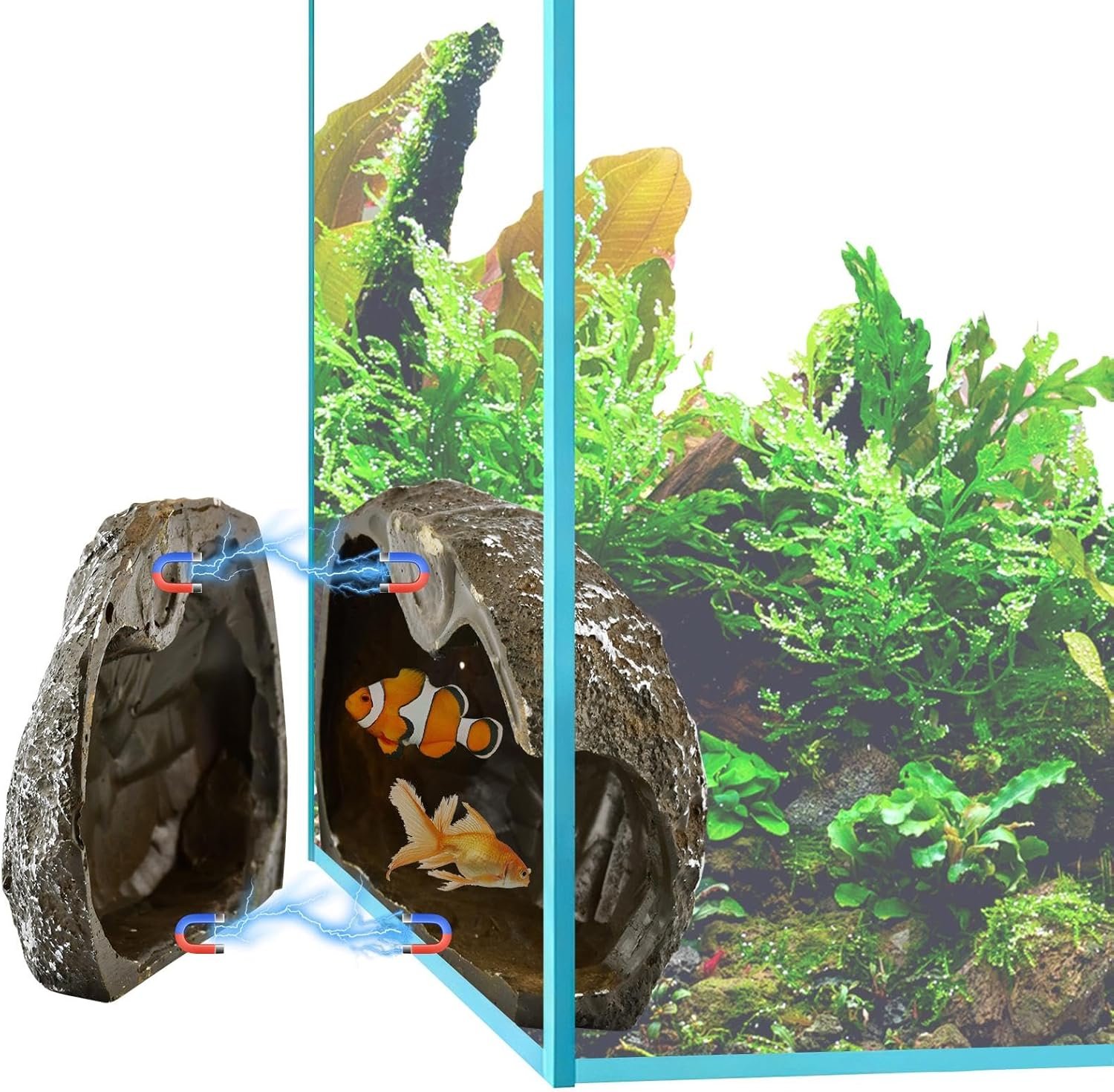 Magnetic Aquarium Cave Magnetic Rocks Fish Tank Decor with Strong Magnetics Resin Pleco Hideout for Bettas Easy Viewing Shelter(Color:Brown)
