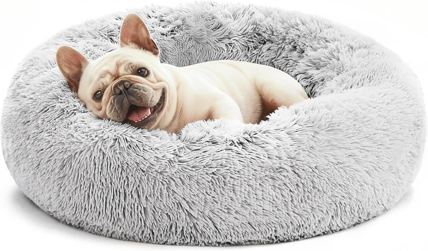 Love’s cabin Calming Cat Bed for Indoor Cats, Anti-Anxiety Donut Round Dog Bed, Fluffy Faux Fur Washable Pet Bed for Small Medium Dogs and Cats, Grey, 20in