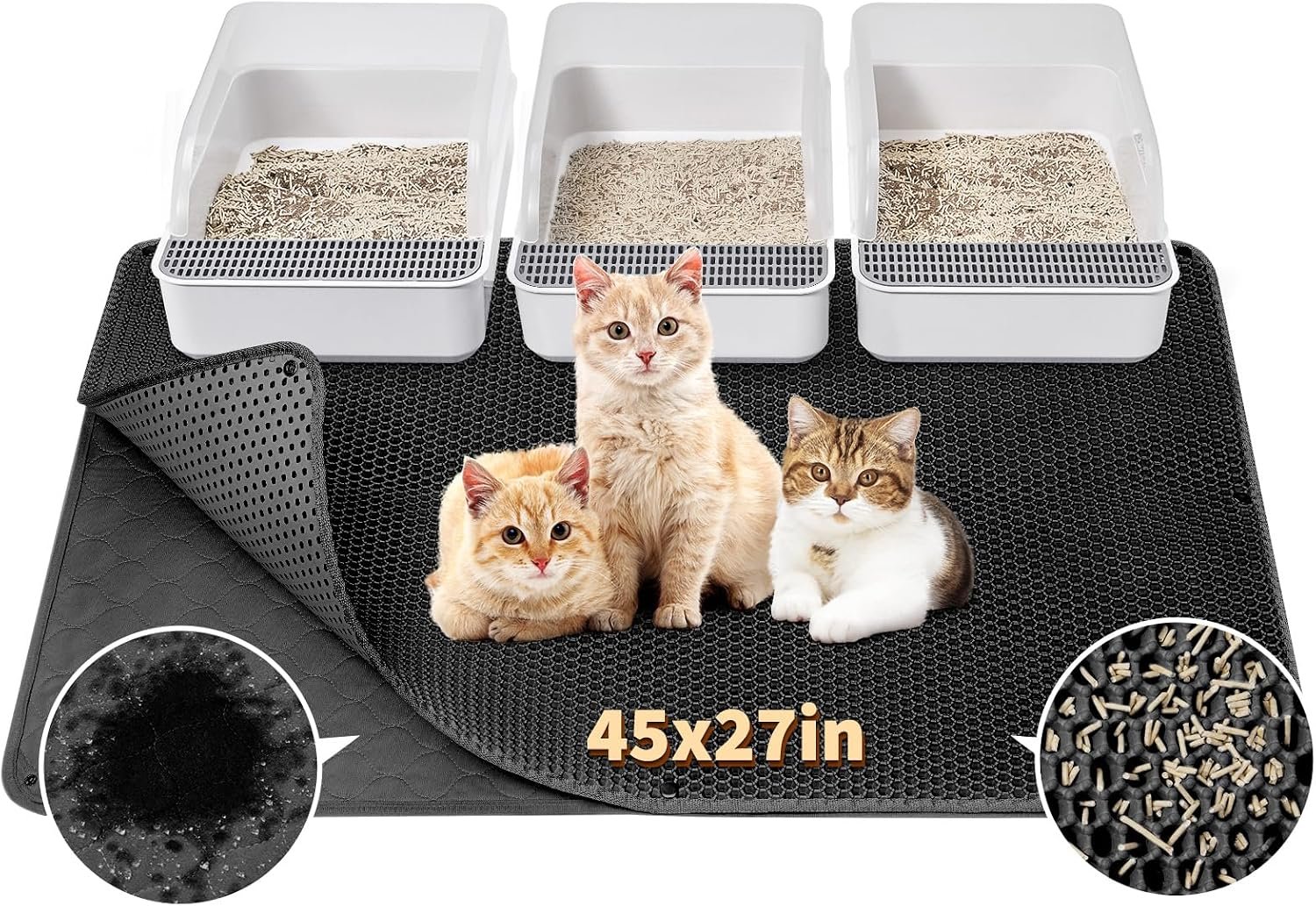 Fostanfly Cat Litter Mat, 45″x 27″ Kitty Litter Trapping Mat, Extra Large XL Honeycomb Scatter Control, Urine & Waterproof, Machine Washable, Black