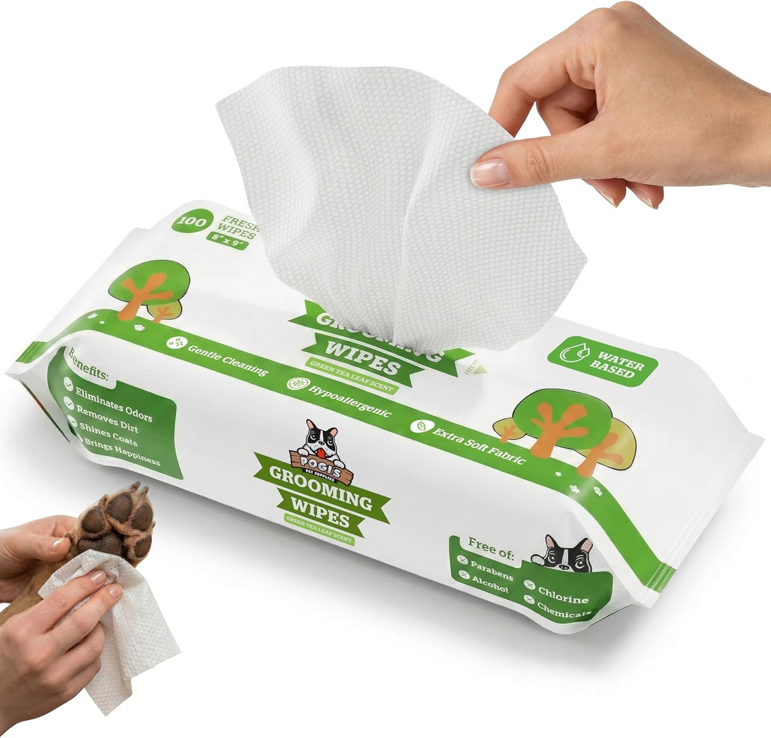 Pogi’s Dog Grooming Wipes – Hypoallergenic Pet Wipes for Paws, Body & Butt – Cleaning & Hydrating, Green Tea Scent, 100 Count