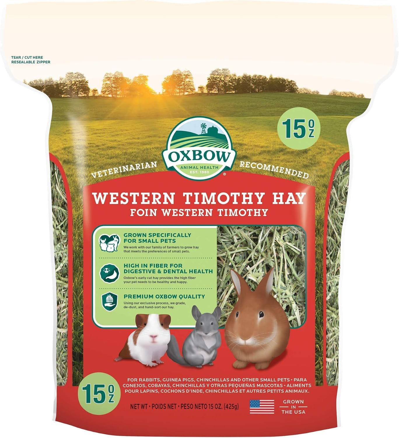 Oxbow Timothy Hay, Rabbit & Guinea Pig Hay, High Fiber for Digestive Health, Grown in the USA, Veterinarian Recommended Small Pet Supplies, for Rabbits, Guinea Pigs, & Chinchillas, 15 oz.