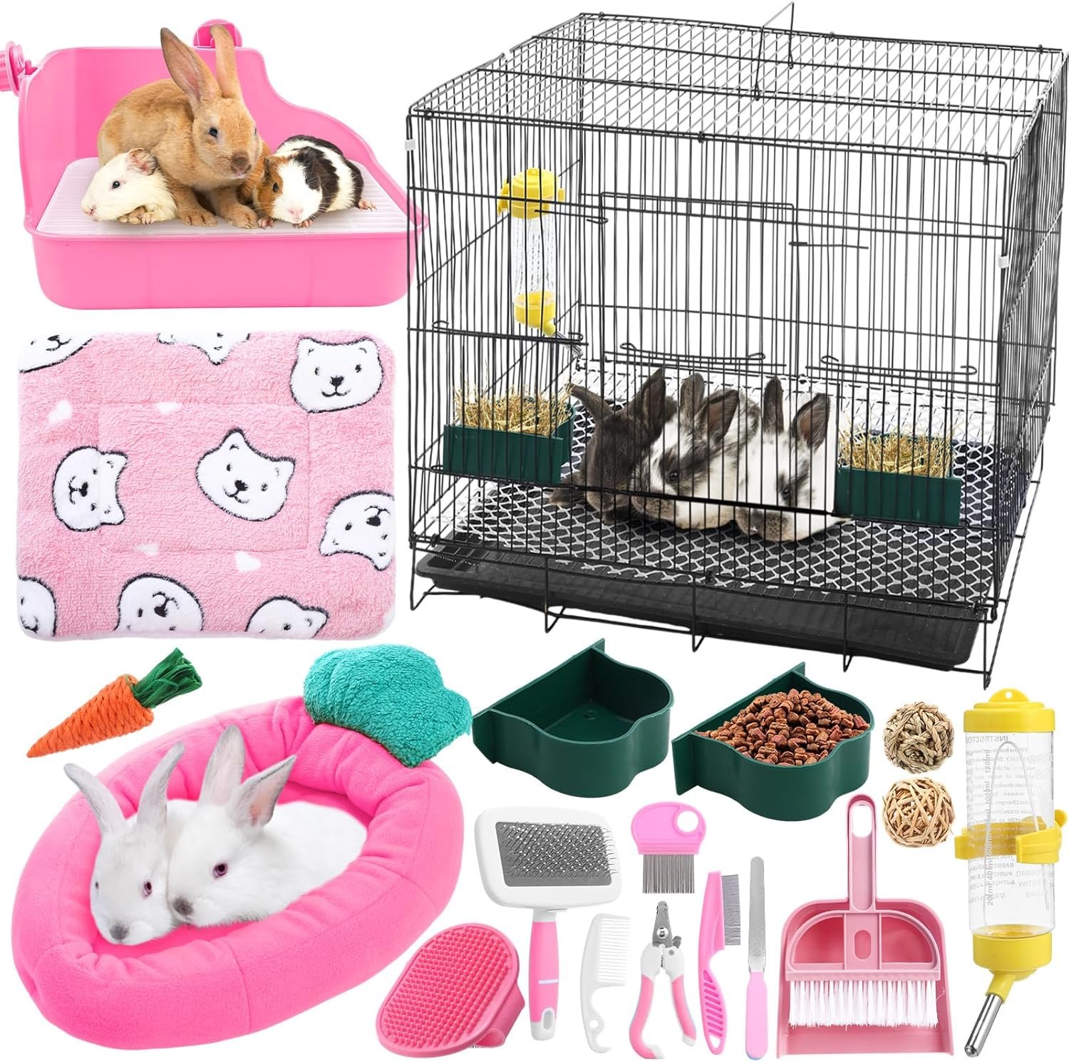 Abbylike 22 Pcs Rabbit Starter Kit with Cage, Rabbit Grooming Kit Bunny Cage Set with Bed, Litter Box, Water Bottle, Feeders, Toys, Grooming Cleaning Supplies for Indoor Rabbits Small Pets(Pink)