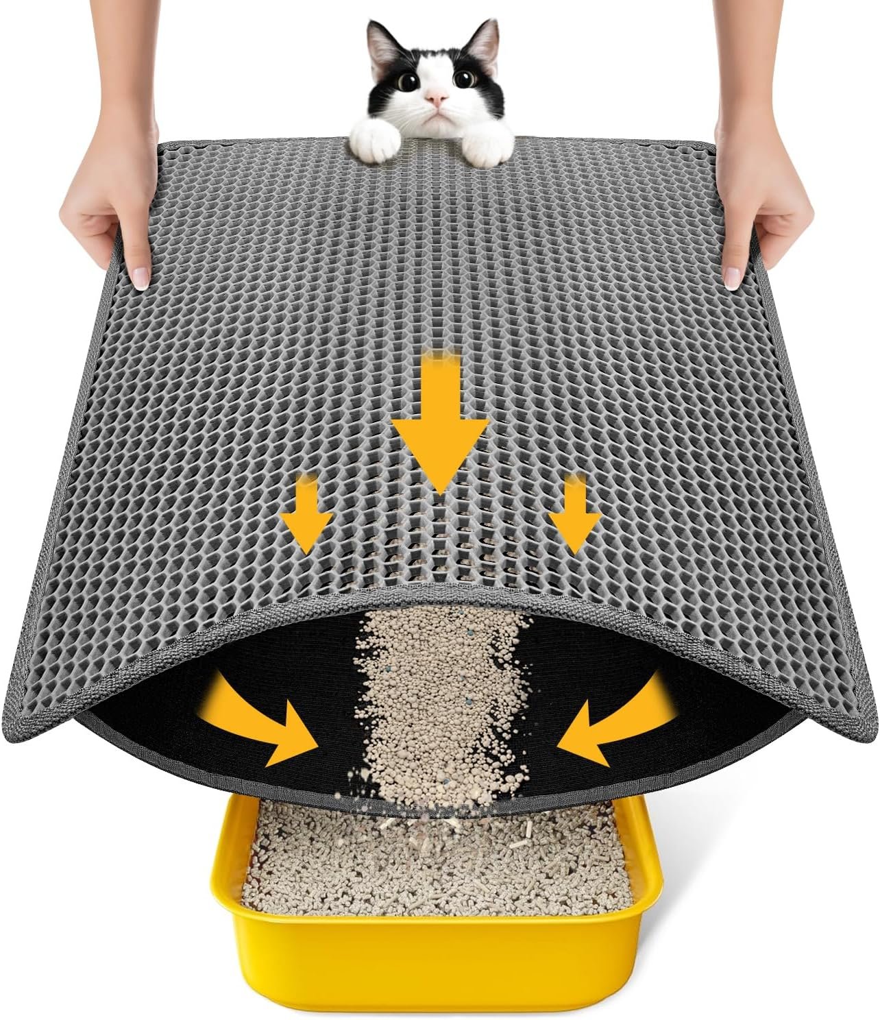 Cat Litter Mat-24″X18″ Litter Box Mat for Kitty, EVA Honeycomb Double Layer Design, Urine & Waterproof Scatter Control, Less Waste, Easier To Clean,Non Slip, Gray