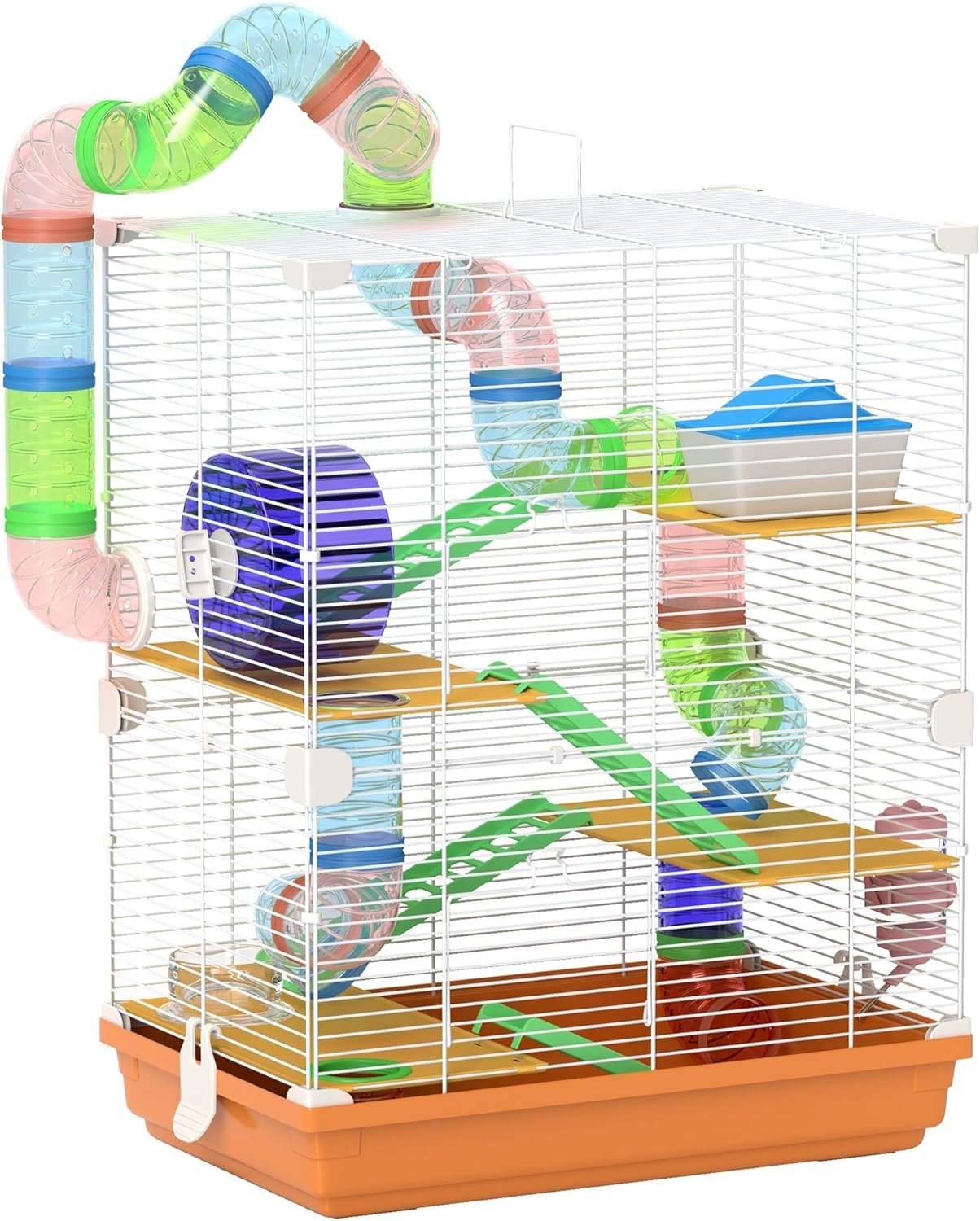 PawHut 18″ 5 Tier Hamster Cage with Tubes and Tunnels, Small Animal Cage with Portable Carry Handle, Gerbil Cage with Water Bottle, Food Dish, Exercise Wheel, Orange