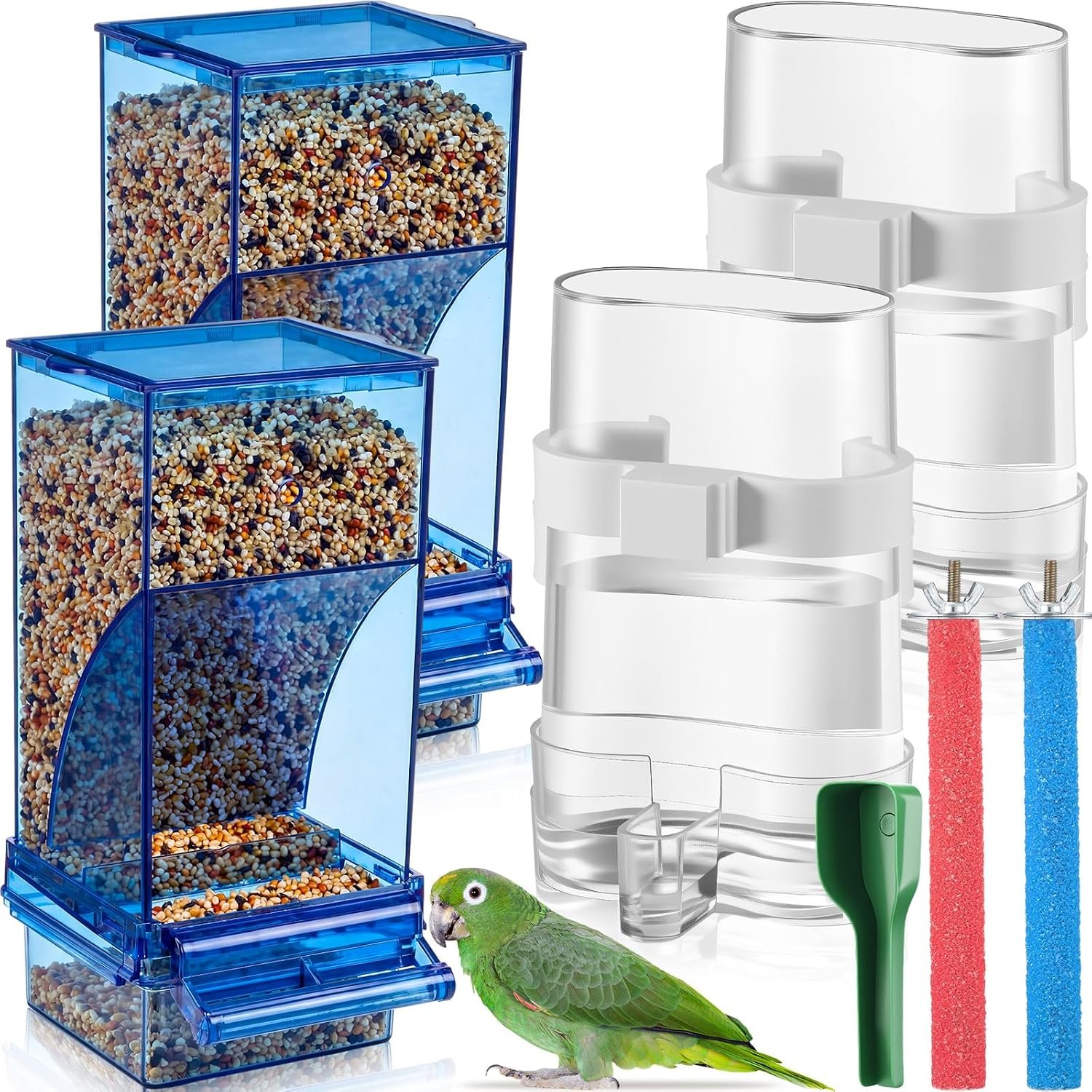 Novabright 7 Pcs No Mess Bird Feeder Water Dispenser Set Include Automatic Parakeet Feeder and Drinker with Bird Paw Grinding Stick Cage Accessories for Small Medium Cockatiel Lovebird(Classic,Blue)