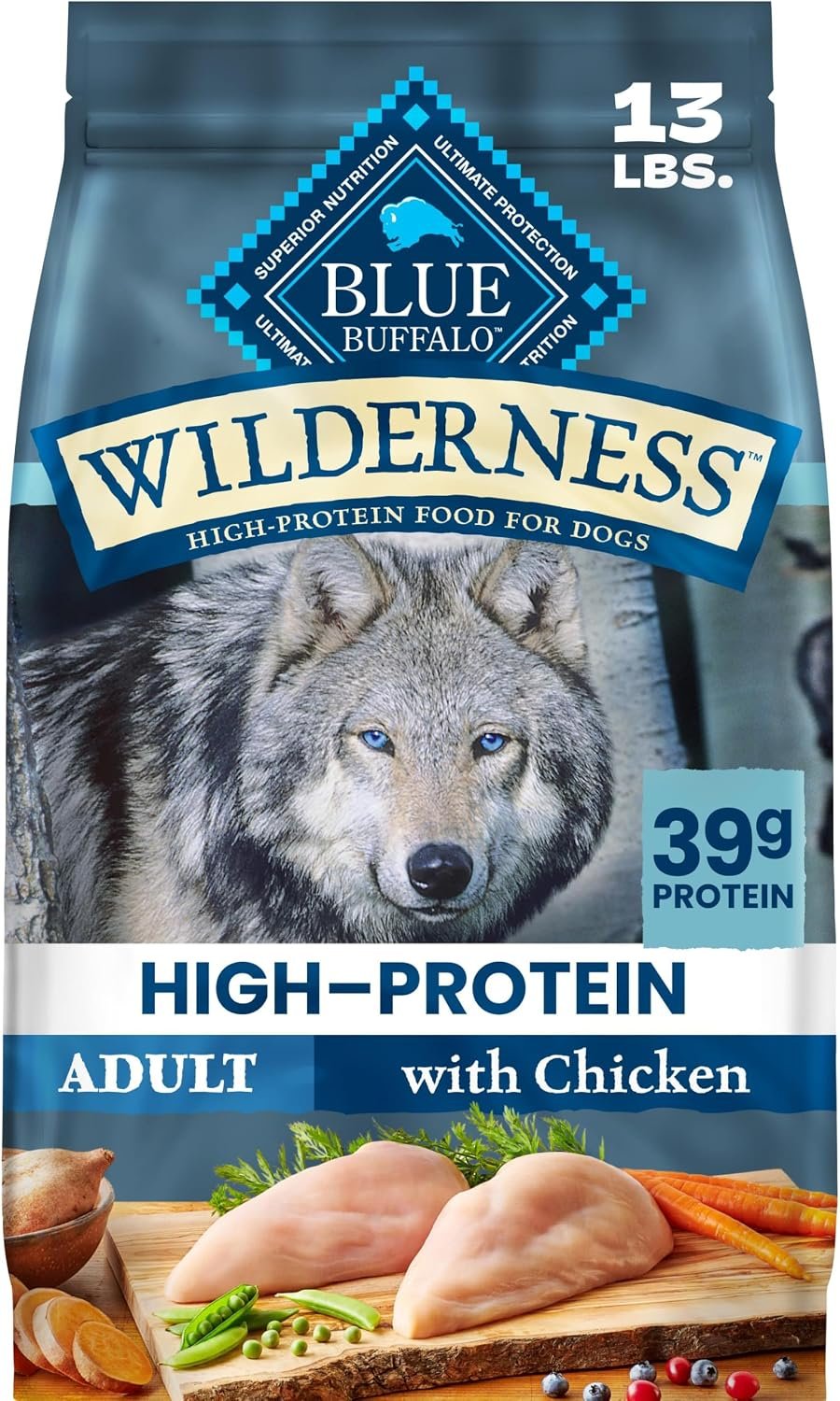 Blue Buffalo Wilderness Chicken Adult Dry Dog Food with Wholesome Grains + Antioxidant-Rich Fruits & Veggies, 39g Protein, Vibrant Energy for an Active Life, Made with Natural Ingredients, 13 lbs.