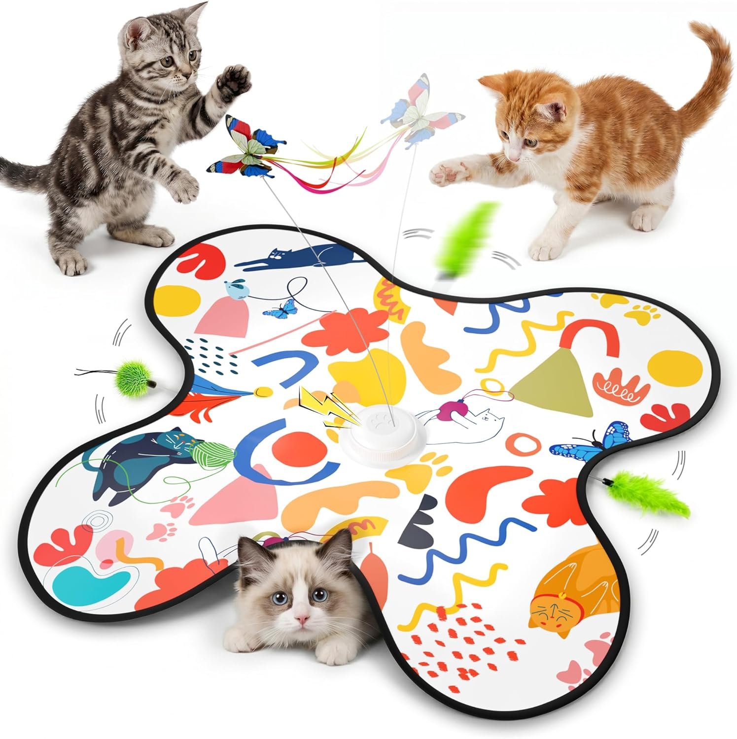 Interactive Cat Toys for Indoor Cats–Rechargeable Automatic Hide and Seek Kittens Toy with Moving Wand Feathers,Fluttering Butterfly,Real Mouse Squeaky,Motion Activated for Exercise & Bored Adult Cats