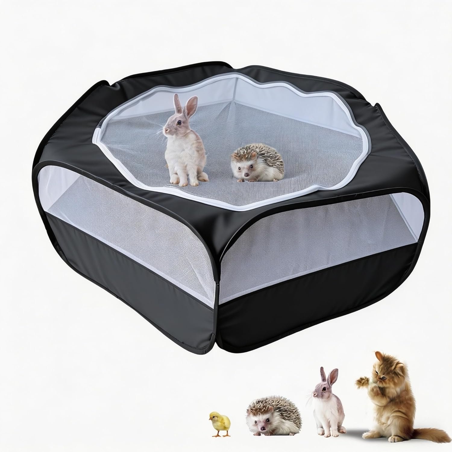 Small Animal Playpen with Zippered Mesh Cover – Portable Foldable Chicken Brooder Box, Indoor Outdoor Enclosure for Guinea Pigs, Bunny, Rabbits, Ferrets, Chinchillas, Kittens (Black)