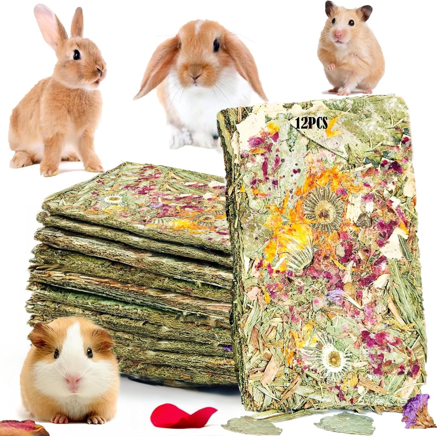 Rabbit Toys 12pcs Bunny Toy Guinea Pig Treats Timothy Hay Chew Toys Chips with Herbal Flowers Hamster Snacks Chinchillas Gerbils for Teeth Apple Sticks Sweet Bamboo