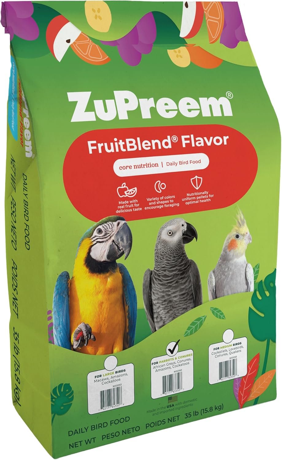 ZuPreem FruitBlend Flavor Pellets Bird Food for Parrots and Conures, 35 lb – Daily Blend Made in USA for Caiques, African Greys, Senegals, Amazons, Eclectus, Small Cockatoos