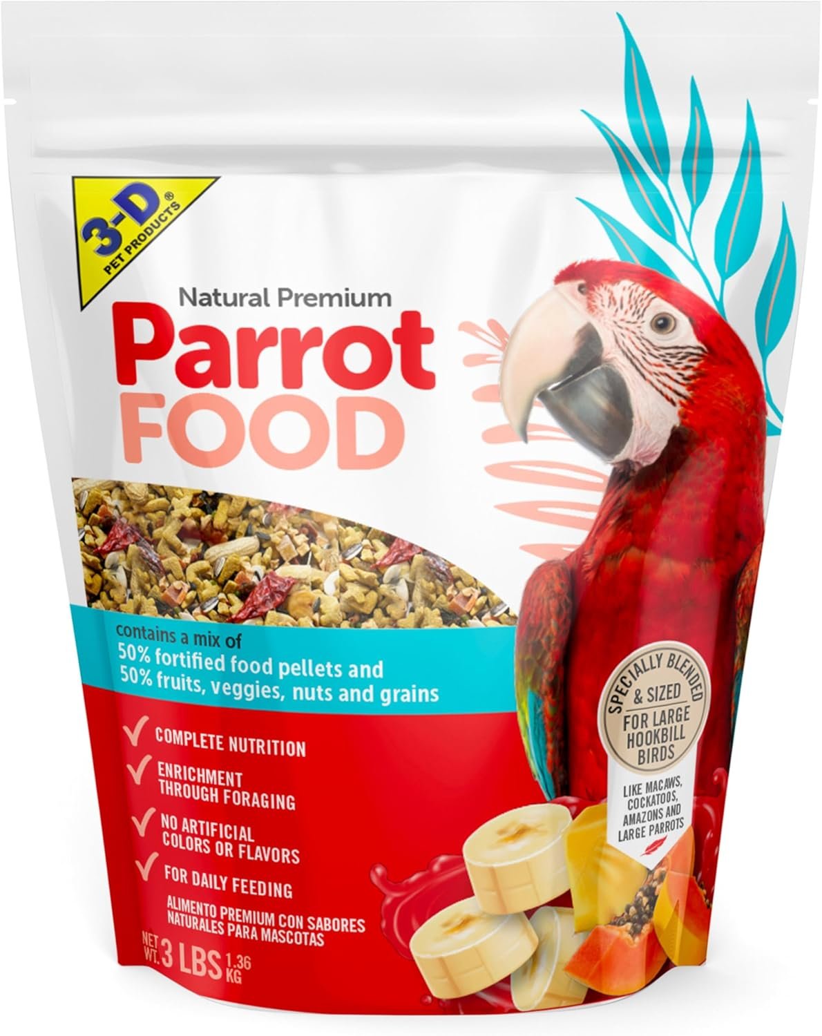 3-D Pet Products Natural Premium Parrot Food – Complete Nutritional Mix with Natural Fruits, Nuts & Veggies – 50% Fortified Pellets – No Artificial Colors