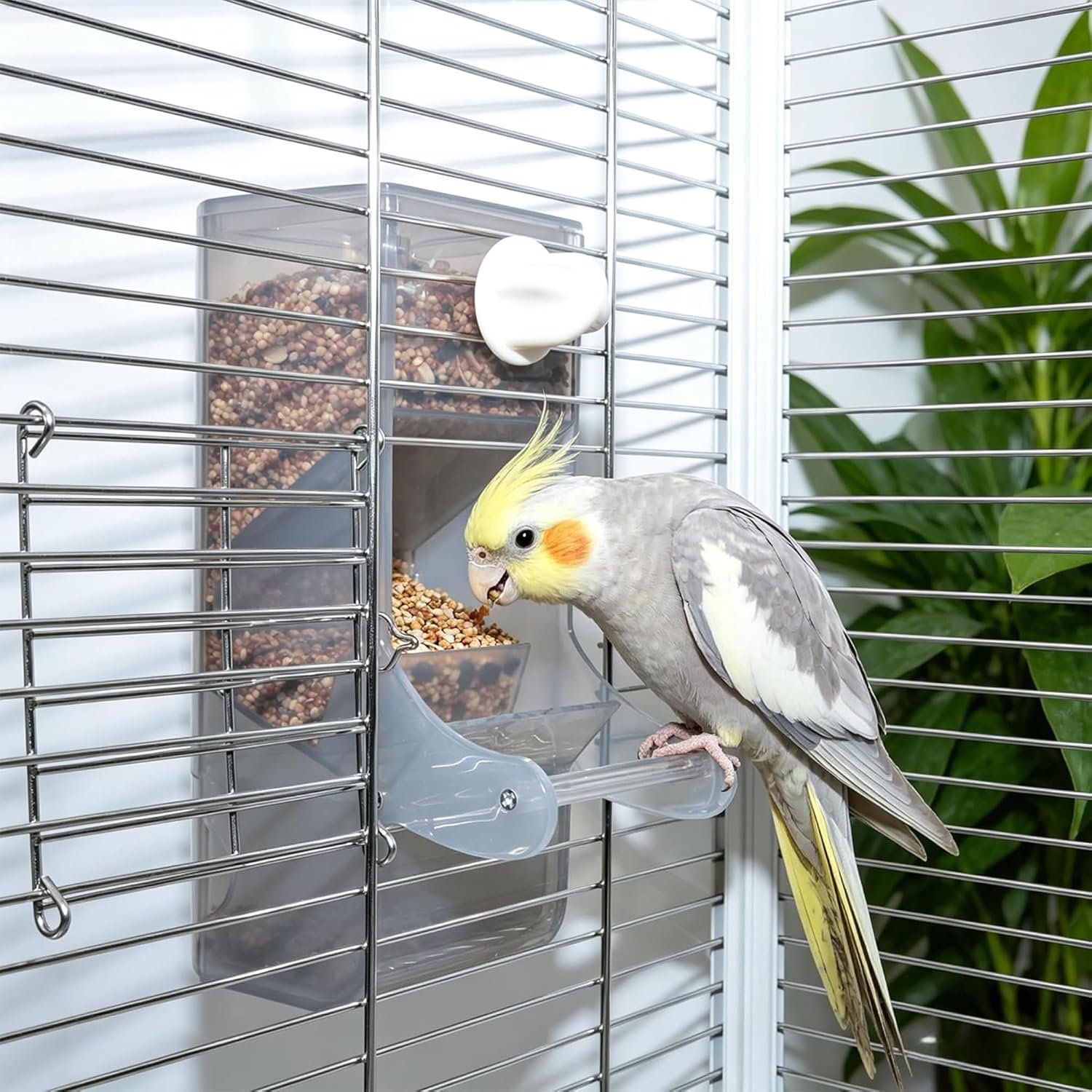 AOTU Automatic No Mess Bird Feeder for Cage – Crack-Resistant Plastic Bird Cage Seed Catcher Clear Bird Cage Feeder for Small Medium Birds Parrots Cockatiels Parakeets Conures Canaries (Light Gray)