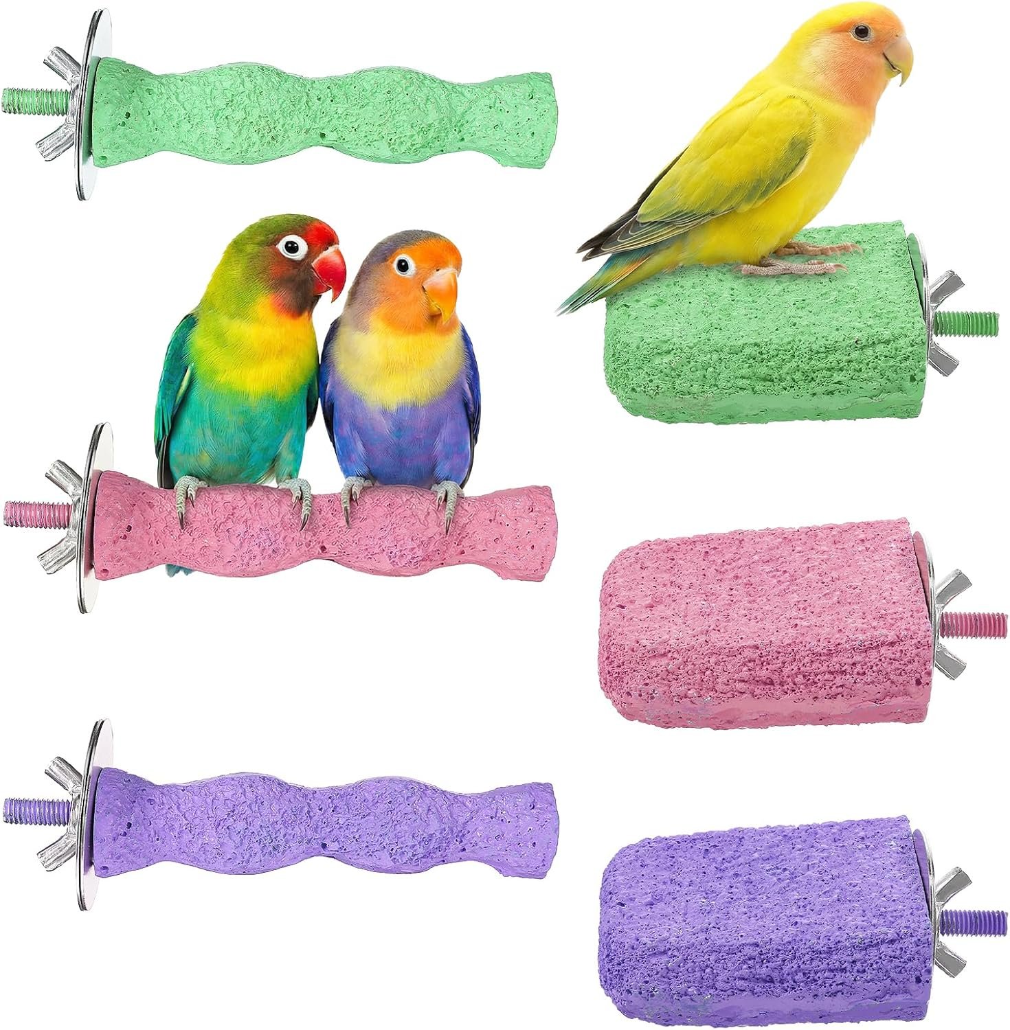 6PCS Bird Beak Grinding Stone Perch – Anti-Slip Resin Perch Stand for Beak & Claw Trimming, Chewing Toy for Parakeets, Budgies, Cockatiels, Conures