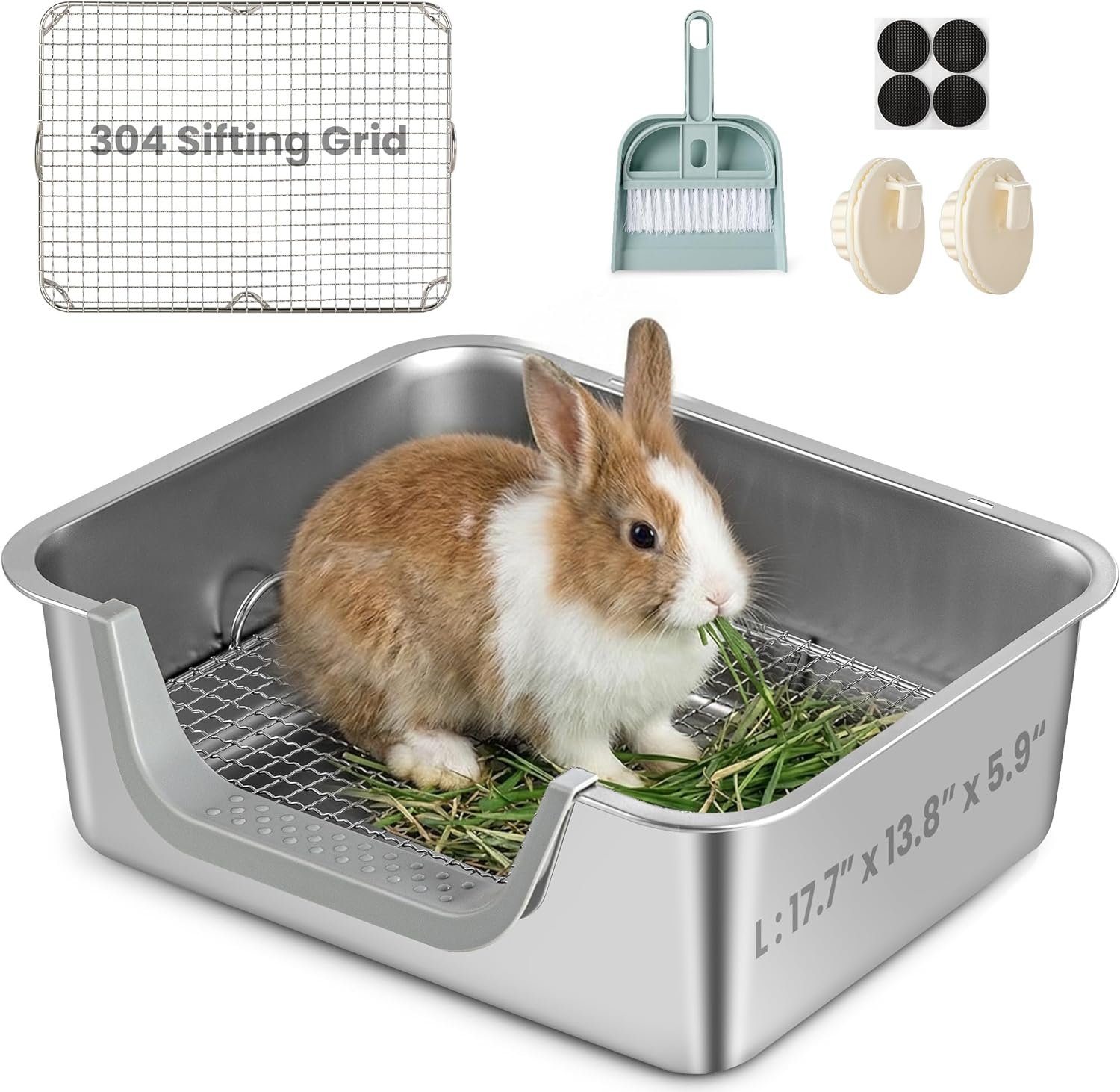 Rabbit Litter Box, Extra Large Bunny Litter Box with 304 Stainless Steel Sifting Grid, Safe Plastic-Covered Entry Edge & Hooks, Easy to Clean and Odor Control (17.7″ × 13.8″ × 5.9″)