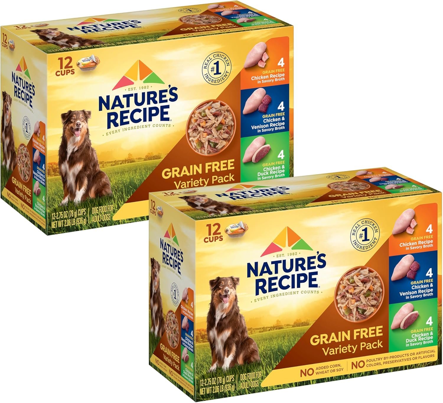Nature’s Recipe Grain Free Chicken Recipe, Chicken & Venison Recipe and Chicken & Duck Recipe in Savory Broth Variety Pack Wet Dog Food, 12-2.75 oz. Cups, 2 Count