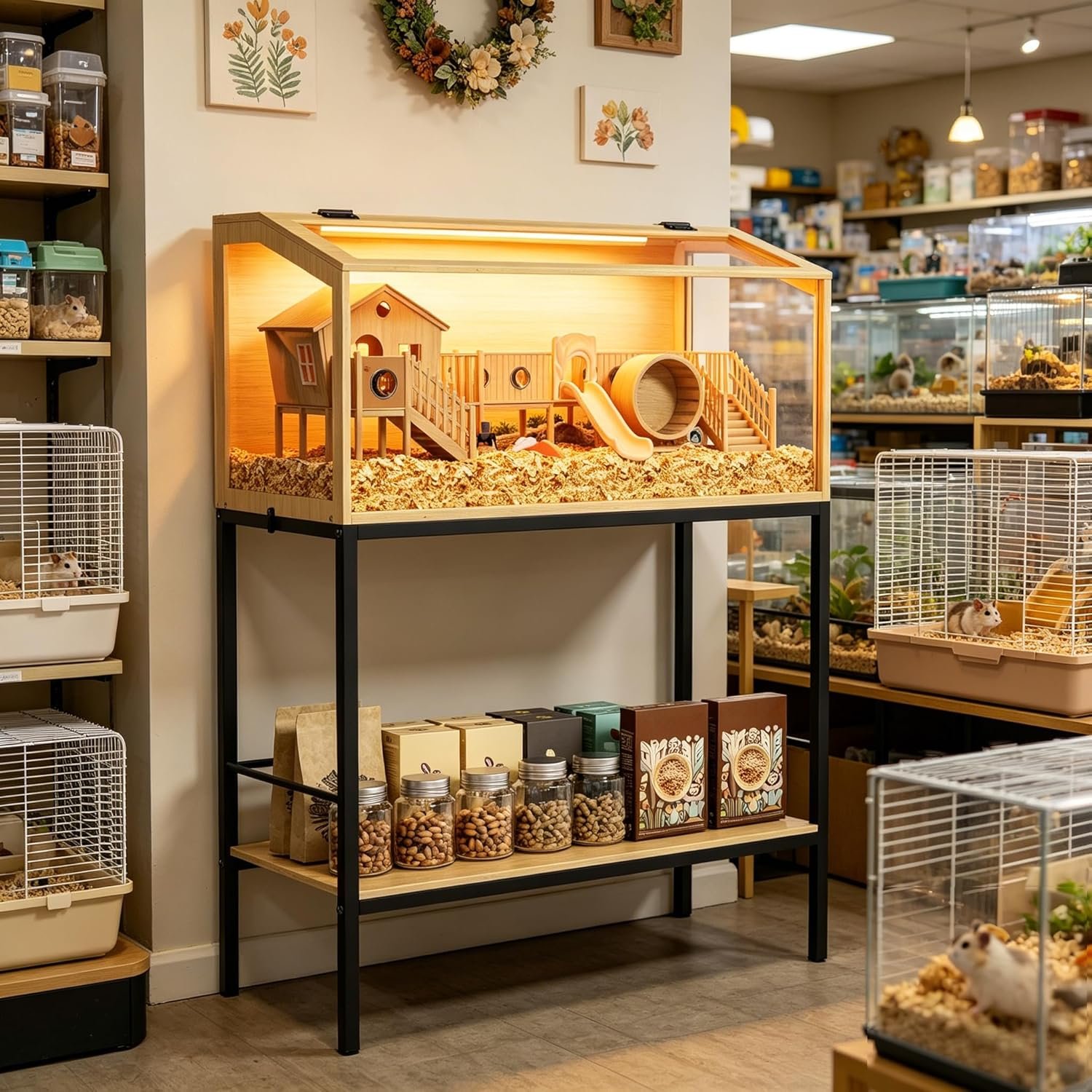 Hamster Cage: Wooden Small Animal Cage with Warm Light and Storage Shelf – 32” Large Clear Hamster House Chewy Proof with Openable Breathable Top