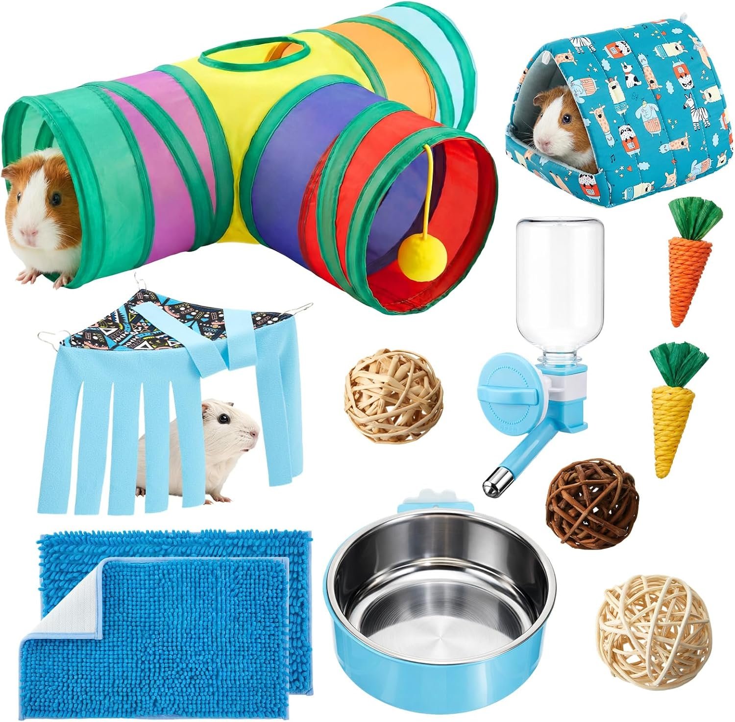 Guinea Pig Starter Kit, 12 Pcs All-in-one Guinea Pig Cage Accessories Set with Hideout, Tunnel, Feeding & Watering Tools, Gifts for New Owners, Lovers, Beginners(Classic Style,Blue)