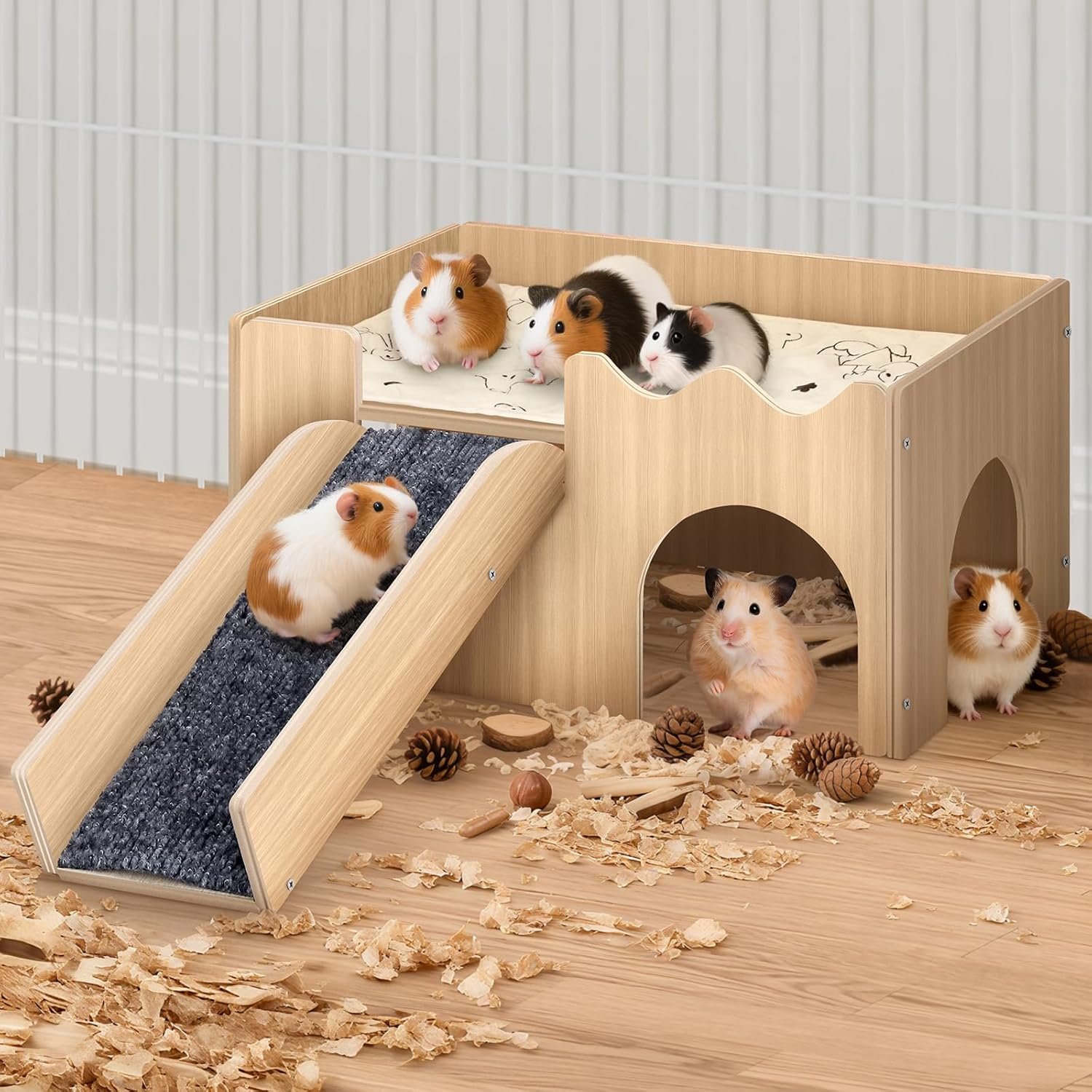 Wooden Guinea Pig Hideout with Non-Slip Mat Ramp & Platform for Small Pets | Natural solid wood with screw-fixed structure, smooth burr-free edges ensure a pet-safe, sturdy shelter for long-term use