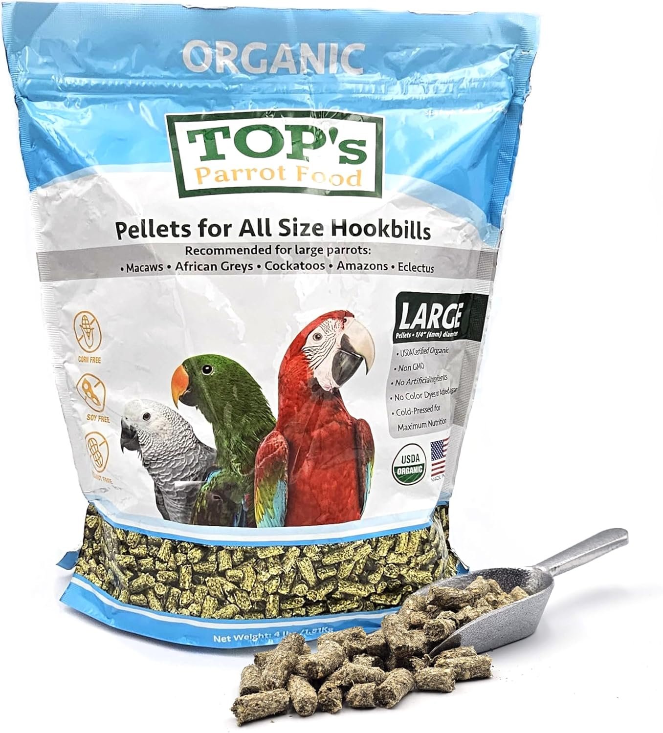 TOP’s Parrot Food Pellets Hookbills, Small, Medium and Large Parrots – Non-GMO, Peanut Soy & Corn Free, USDA Organic Certified – 4 lb / 1.81 kg
